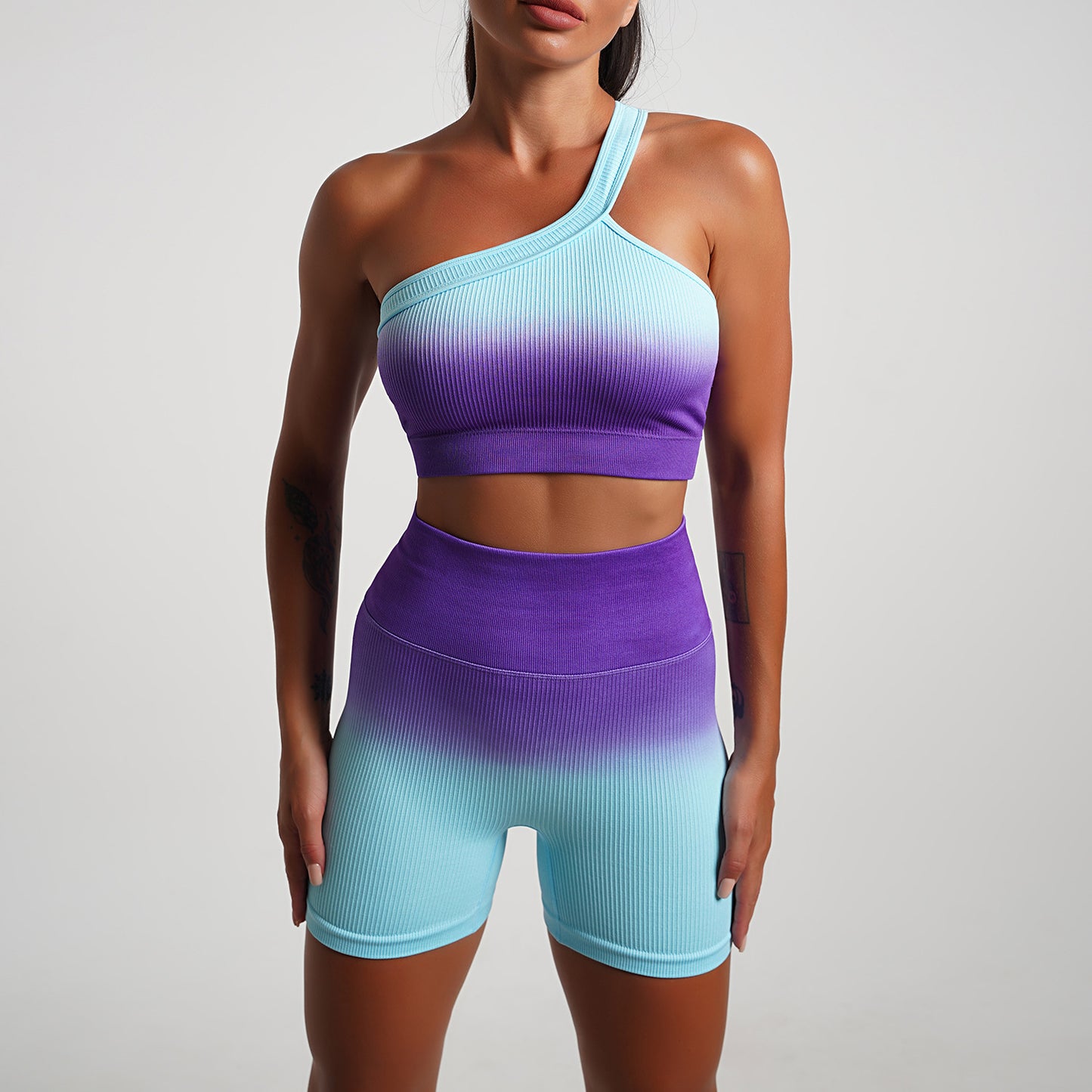Summer Gradient Women Clothing Yoga T shirt Short Sleeved Sports Shorts Tight Cropped Stretch Two Piece Set Women