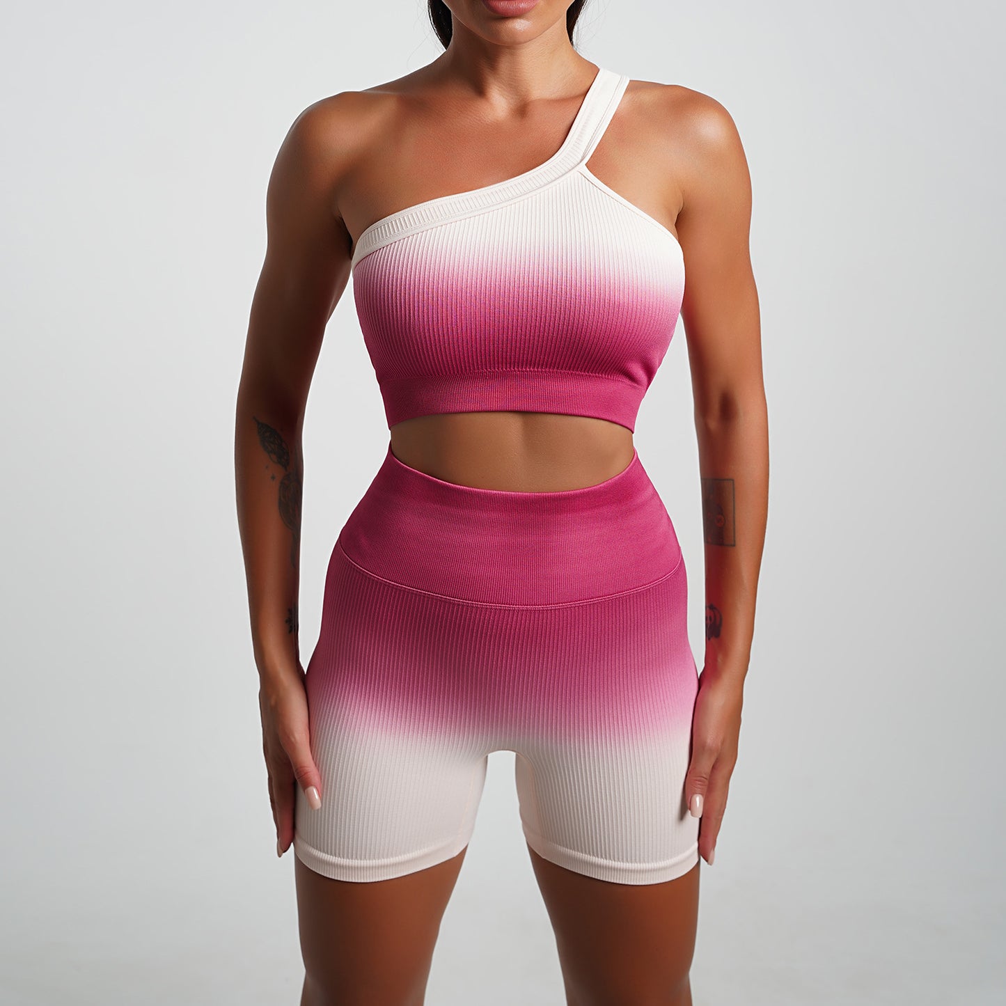Summer Gradient Women Clothing Yoga T shirt Short Sleeved Sports Shorts Tight Cropped Stretch Two Piece Set Women