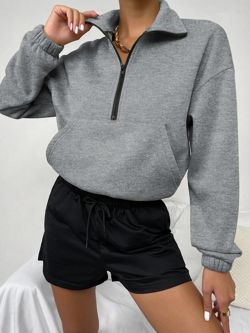 Autumn Winter Top Zipped Stand Collar Long Sleeve Brushed Loose Sweatshirt Women