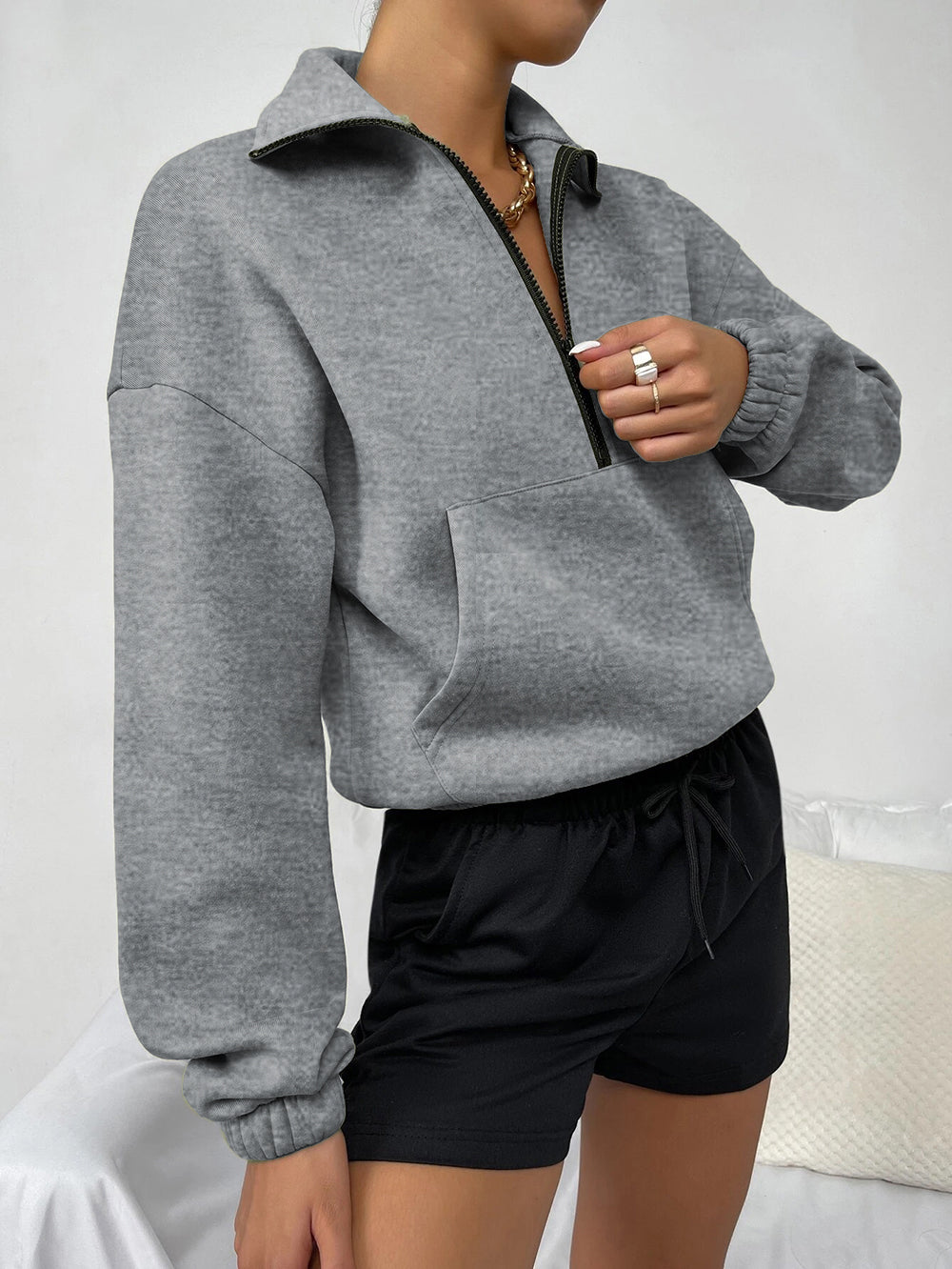 Autumn Winter Top Zipped Stand Collar Long Sleeve Brushed Loose Sweatshirt Women