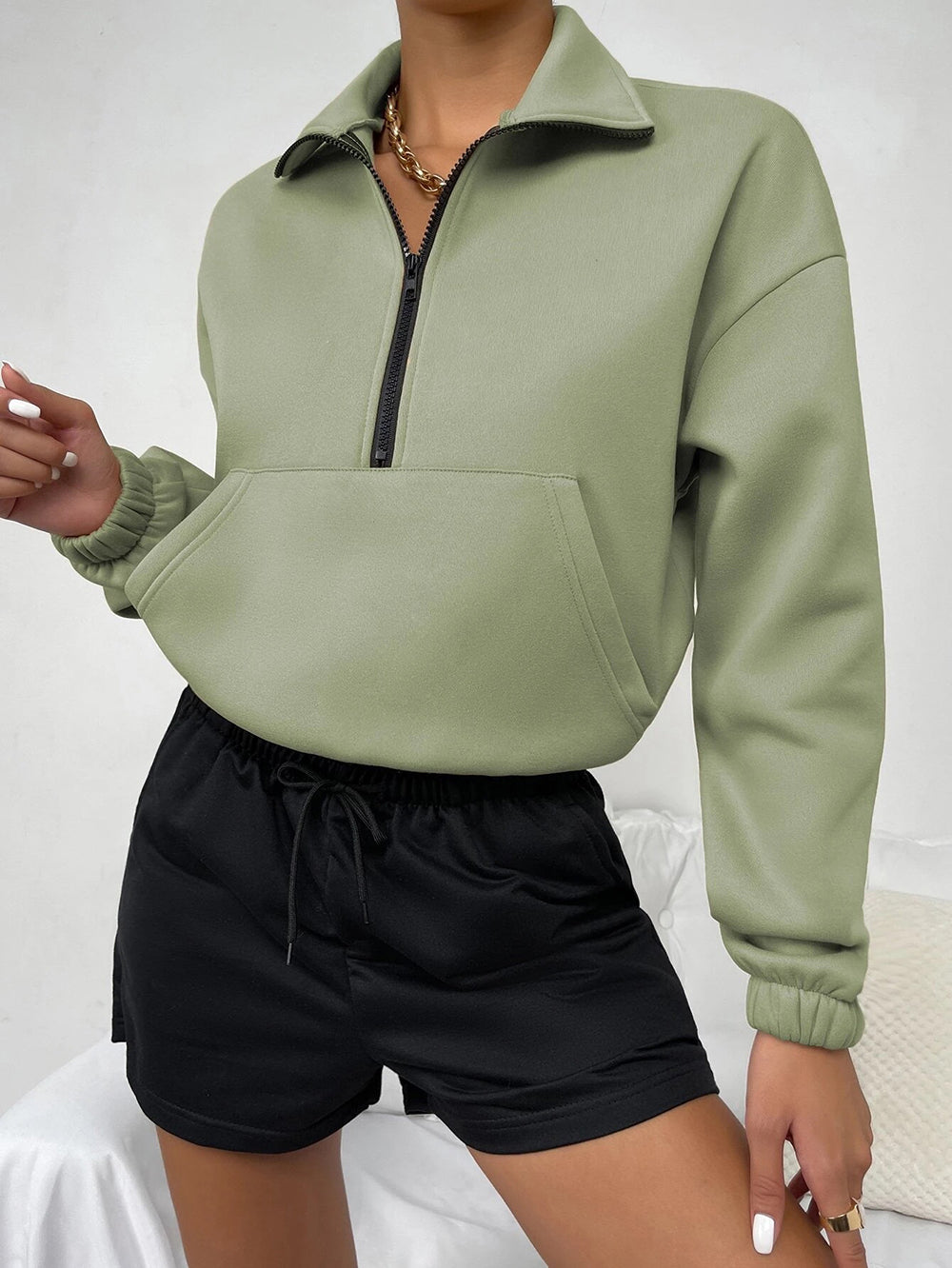 Autumn Winter Top Zipped Stand Collar Long Sleeve Brushed Loose Sweatshirt Women