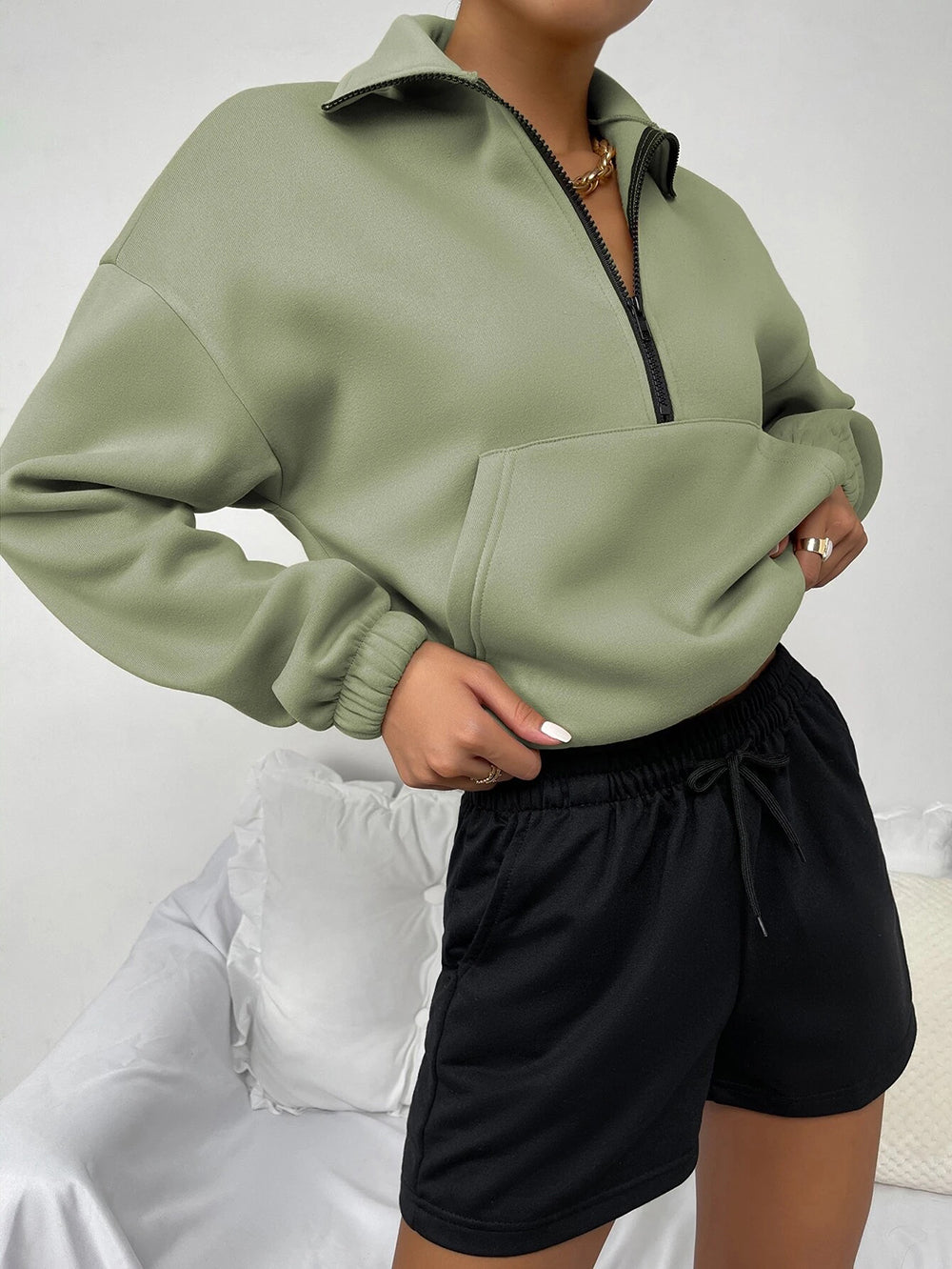 Autumn Winter Top Zipped Stand Collar Long Sleeve Brushed Loose Sweatshirt Women