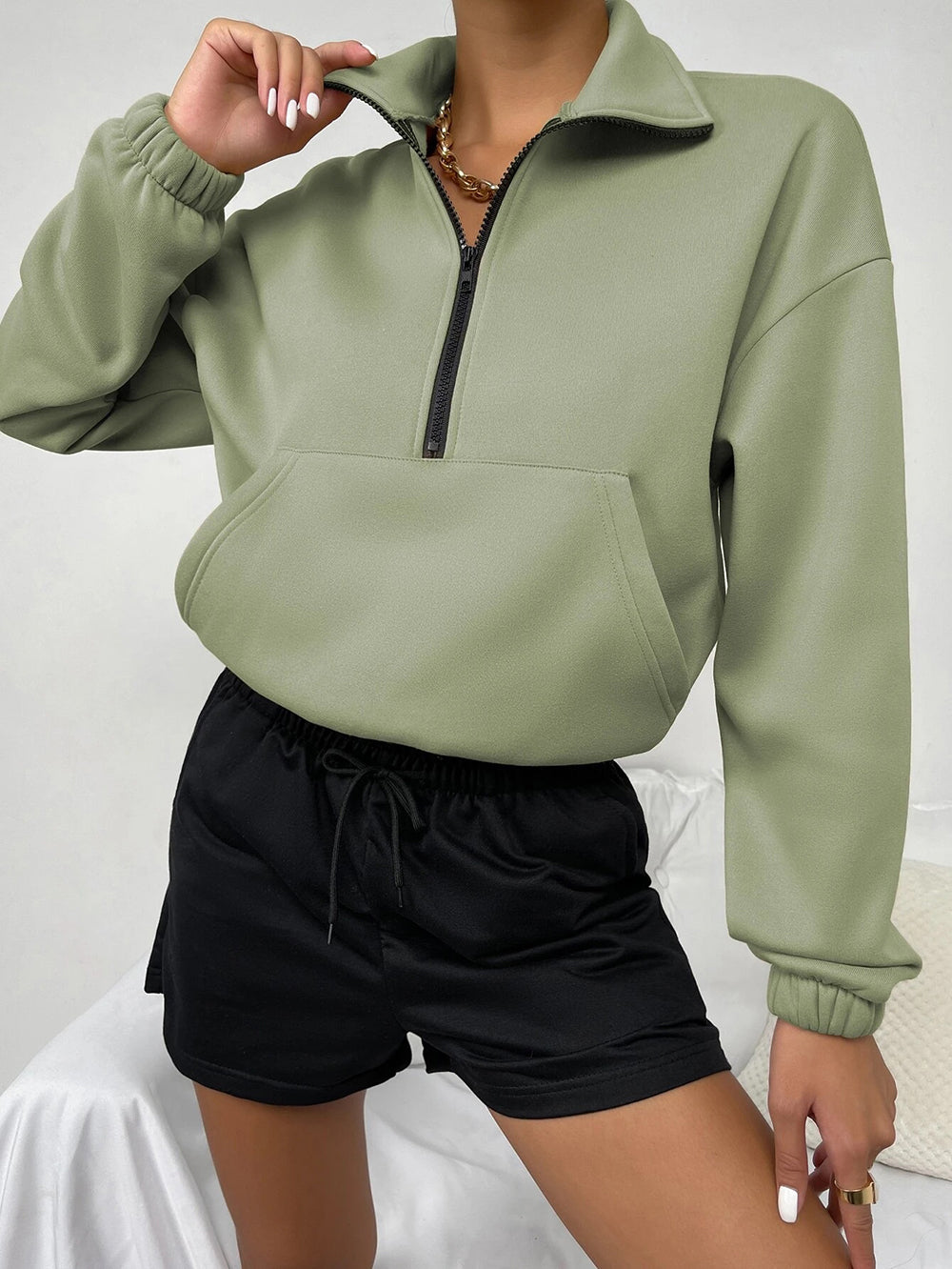 Autumn Winter Top Zipped Stand Collar Long Sleeve Brushed Loose Sweatshirt Women