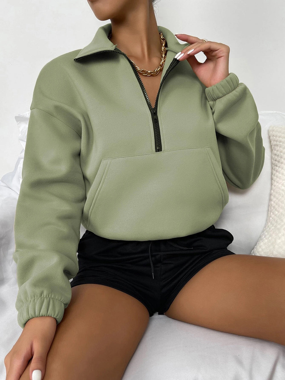 Autumn Winter Top Zipped Stand Collar Long Sleeve Brushed Loose Sweatshirt Women