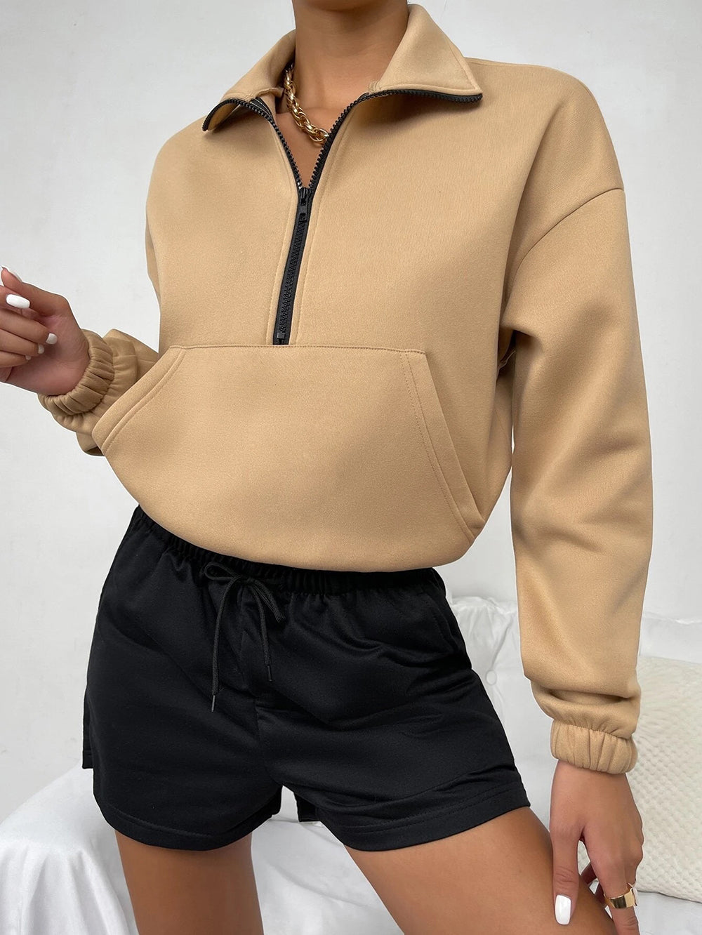 Autumn Winter Top Zipped Stand Collar Long Sleeve Brushed Loose Sweatshirt Women