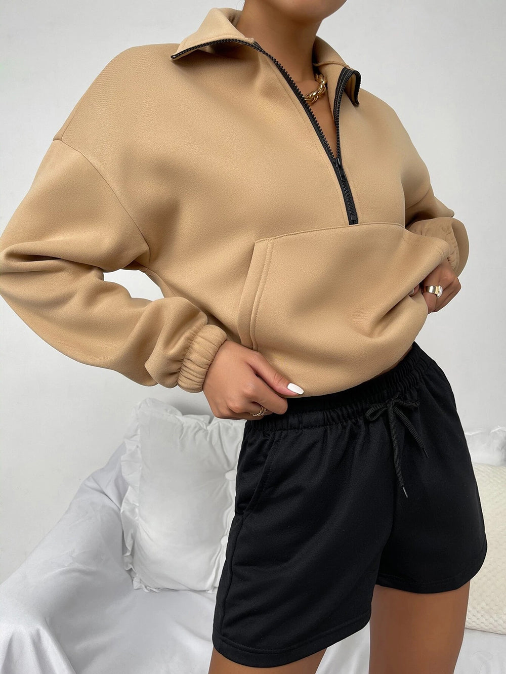 Autumn Winter Top Zipped Stand Collar Long Sleeve Brushed Loose Sweatshirt Women