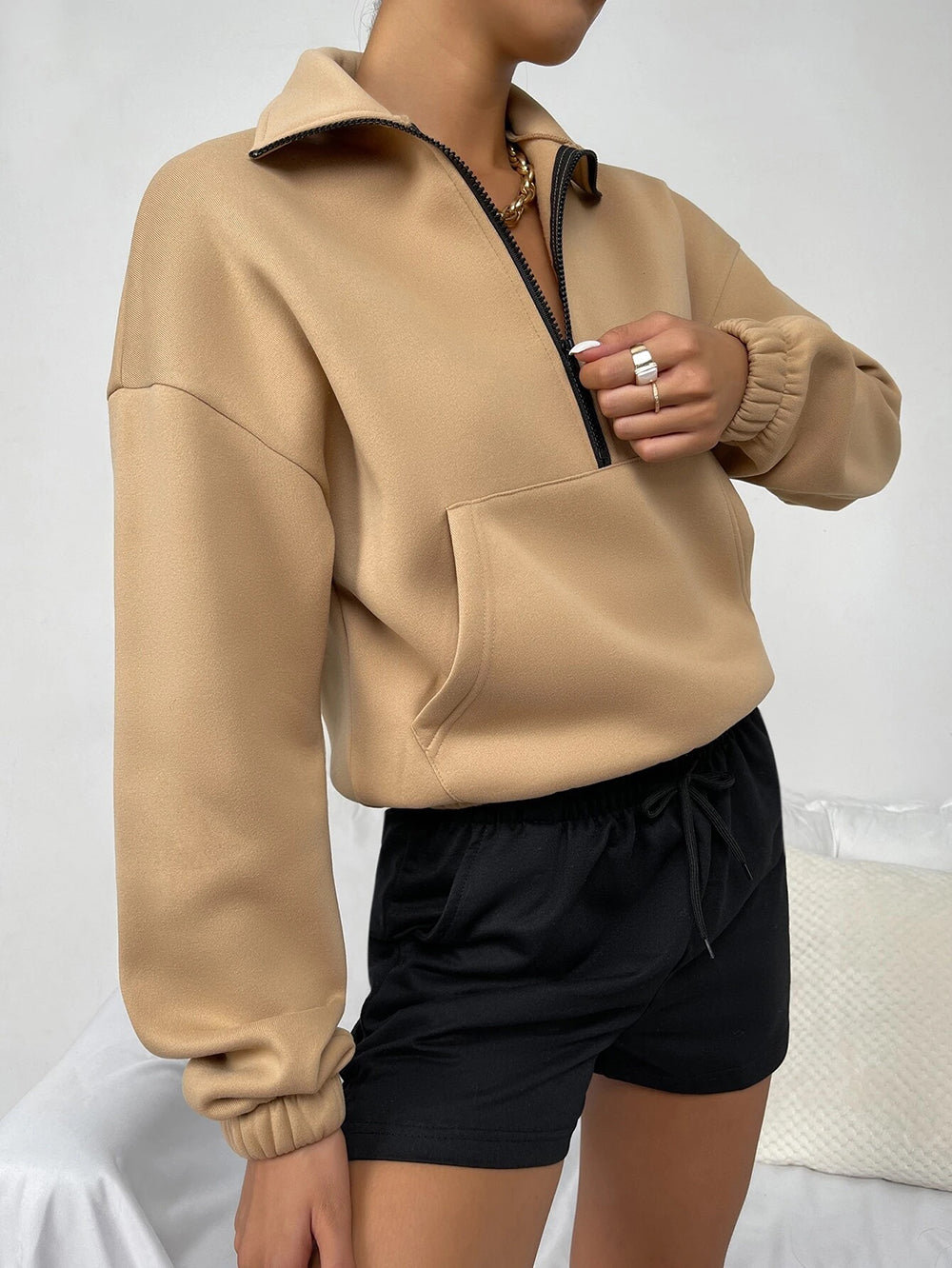 Autumn Winter Top Zipped Stand Collar Long Sleeve Brushed Loose Sweatshirt Women