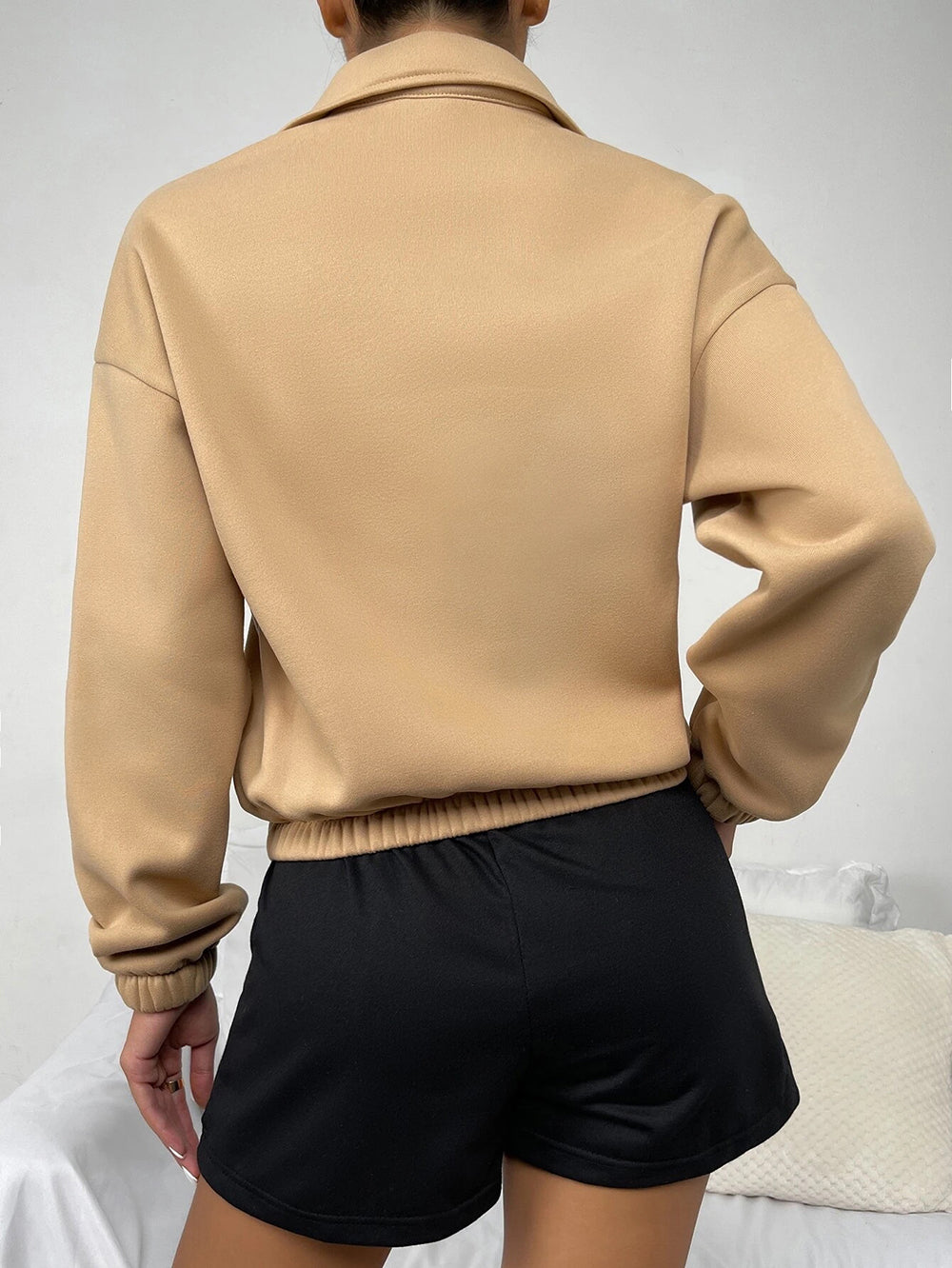 Autumn Winter Top Zipped Stand Collar Long Sleeve Brushed Loose Sweatshirt Women