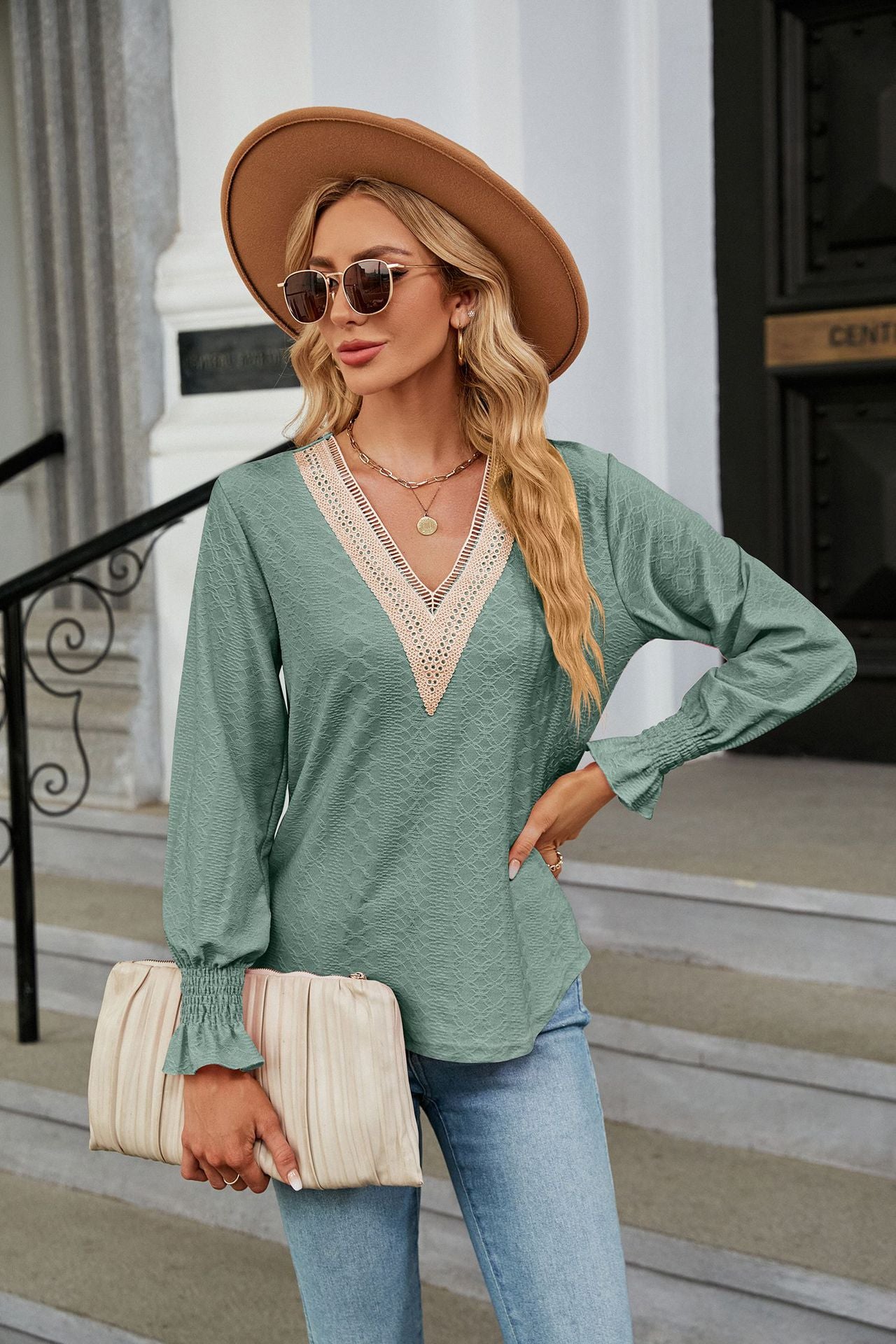 Autumn Winter Solid Color Lace V neck Patchwork Long Sleeve Loose Fitting T shirt Top