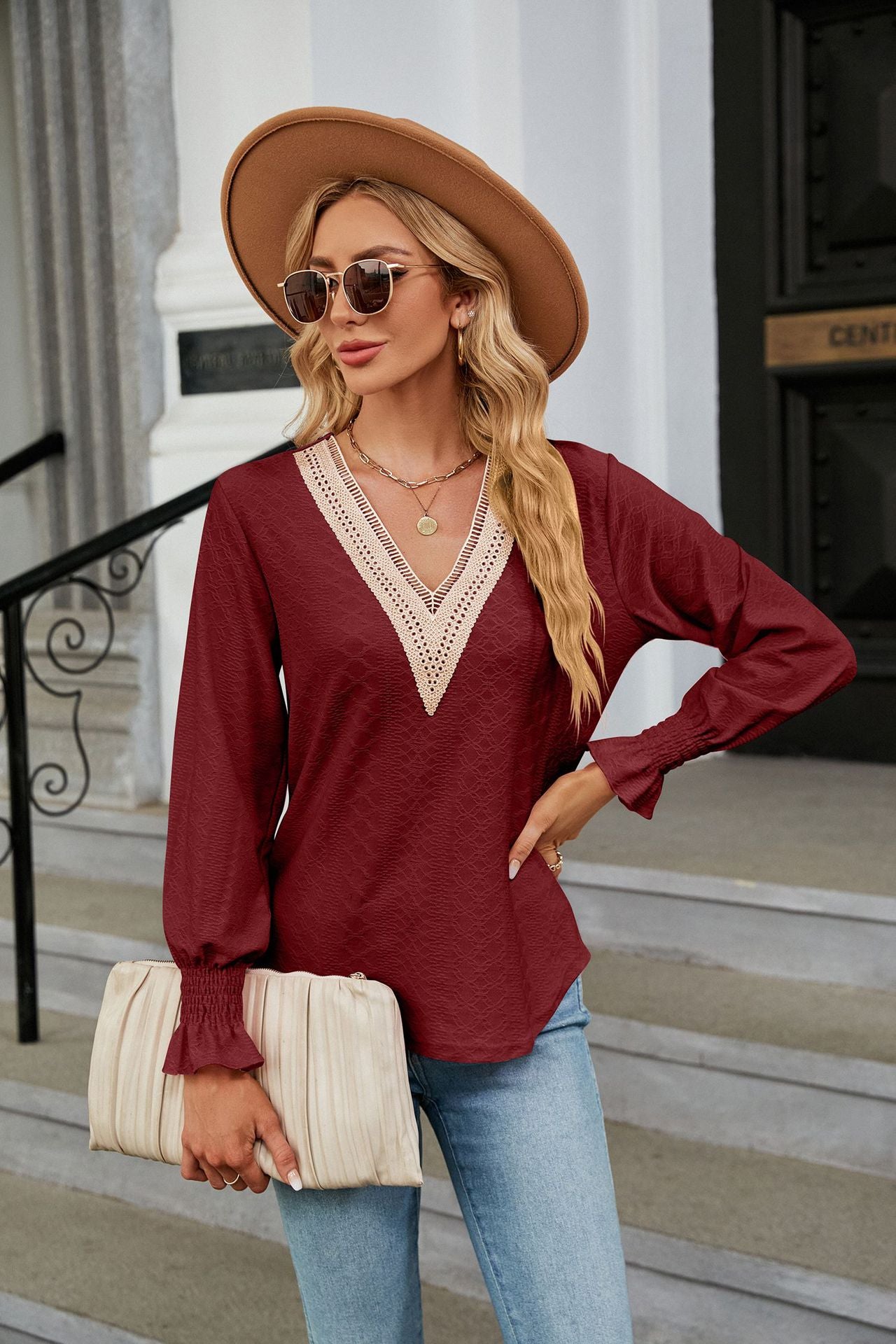 Autumn Winter Solid Color Lace V neck Patchwork Long Sleeve Loose Fitting T shirt Top