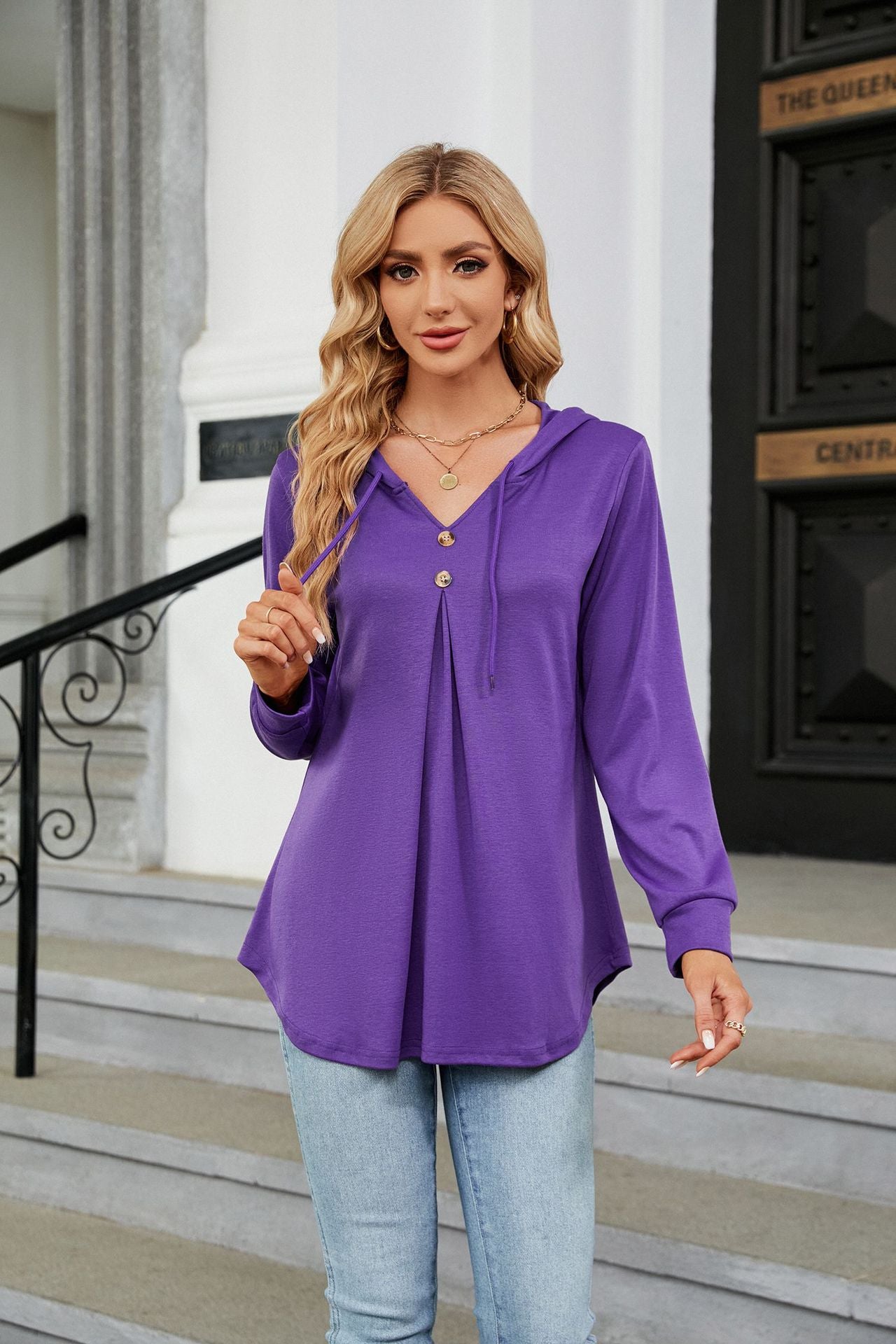 Autumn Winter Solid Color V neck Button Hooded Loose Long Sleeves Sweatshirt Women