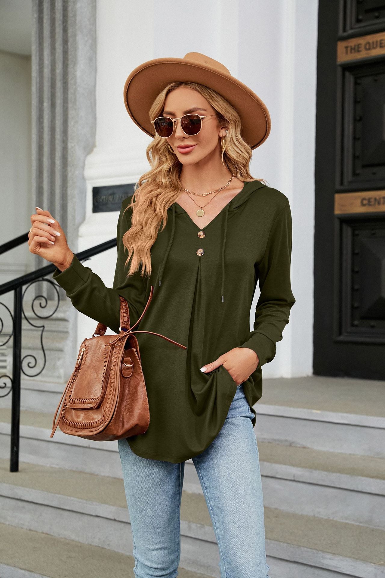 Autumn Winter Solid Color V neck Button Hooded Loose Long Sleeves Sweatshirt Women