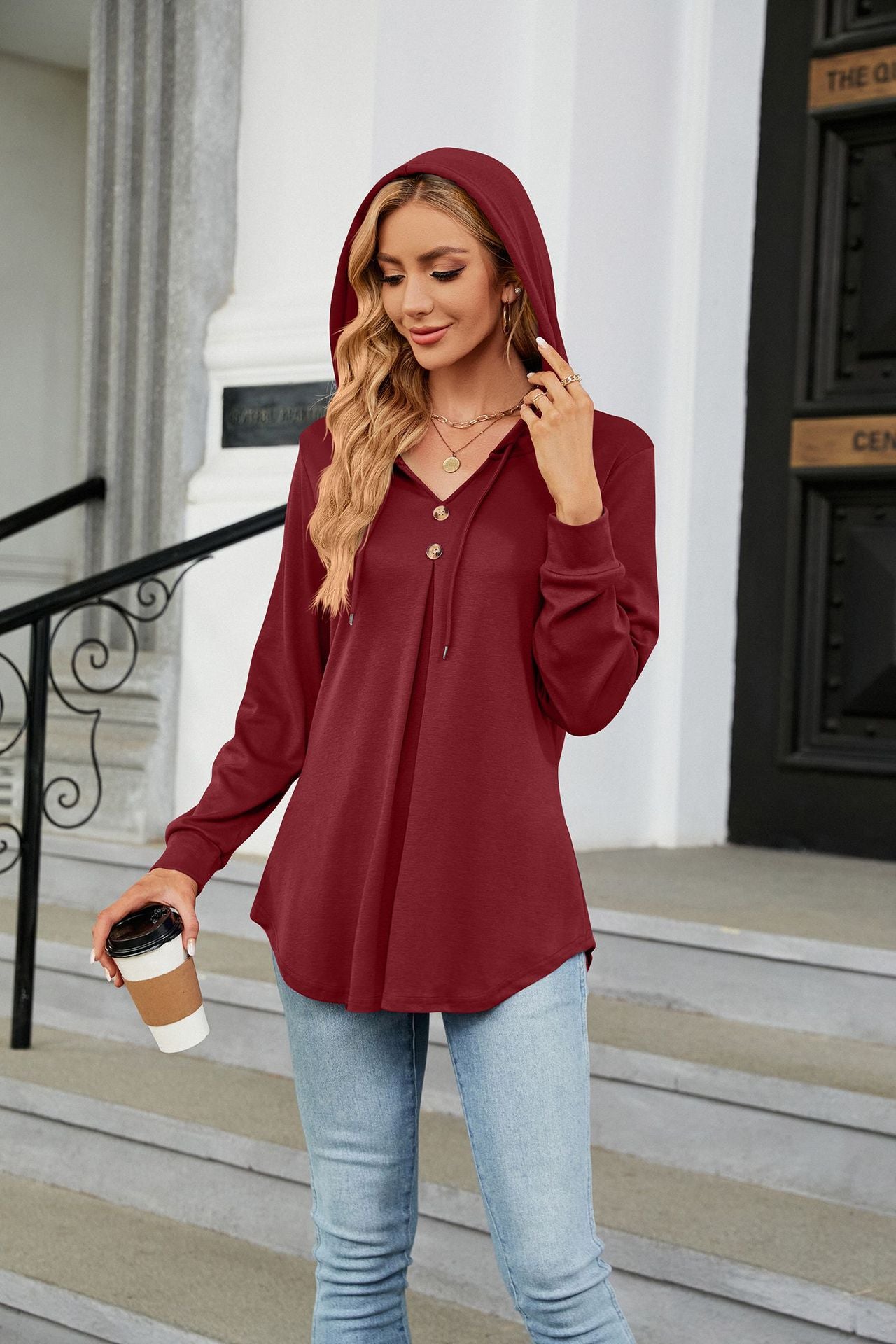 Autumn Winter Solid Color V neck Button Hooded Loose Long Sleeves Sweatshirt Women