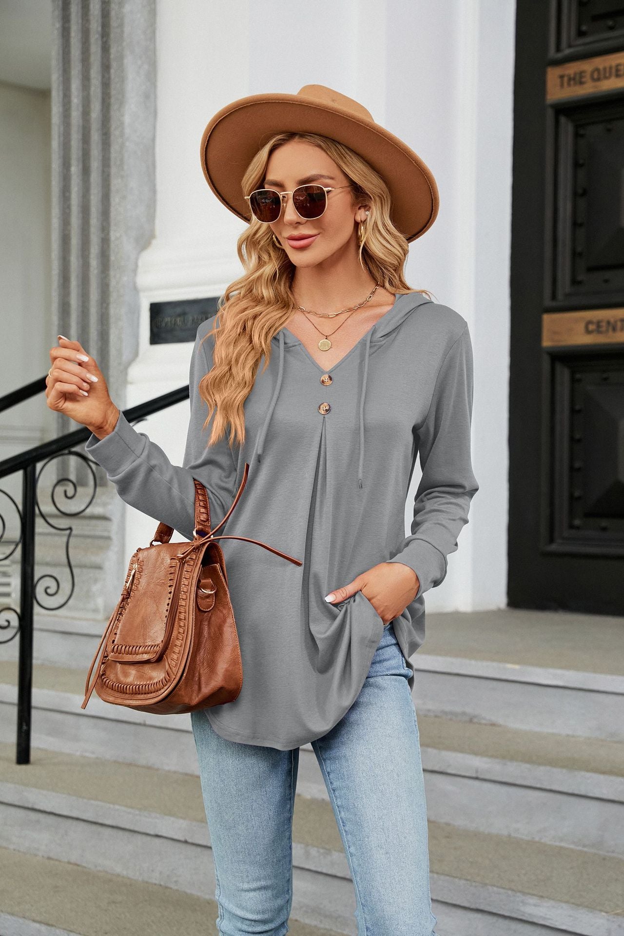 Autumn Winter Solid Color V neck Button Hooded Loose Long Sleeves Sweatshirt Women