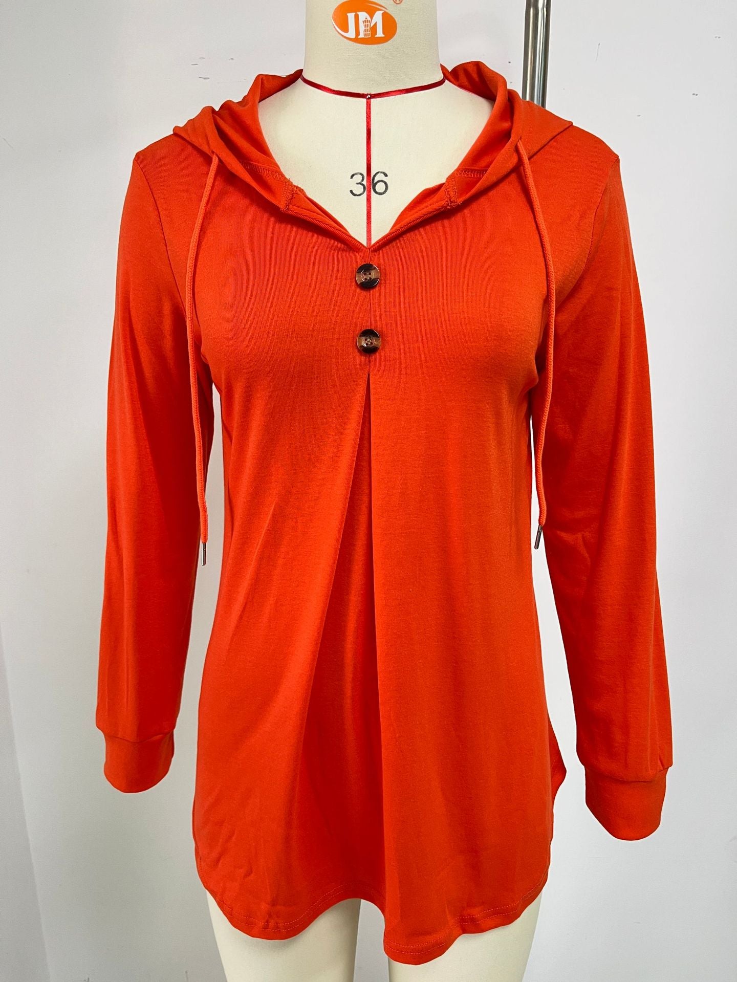 Autumn Winter Solid Color V neck Button Hooded Loose Long Sleeves Sweatshirt Women