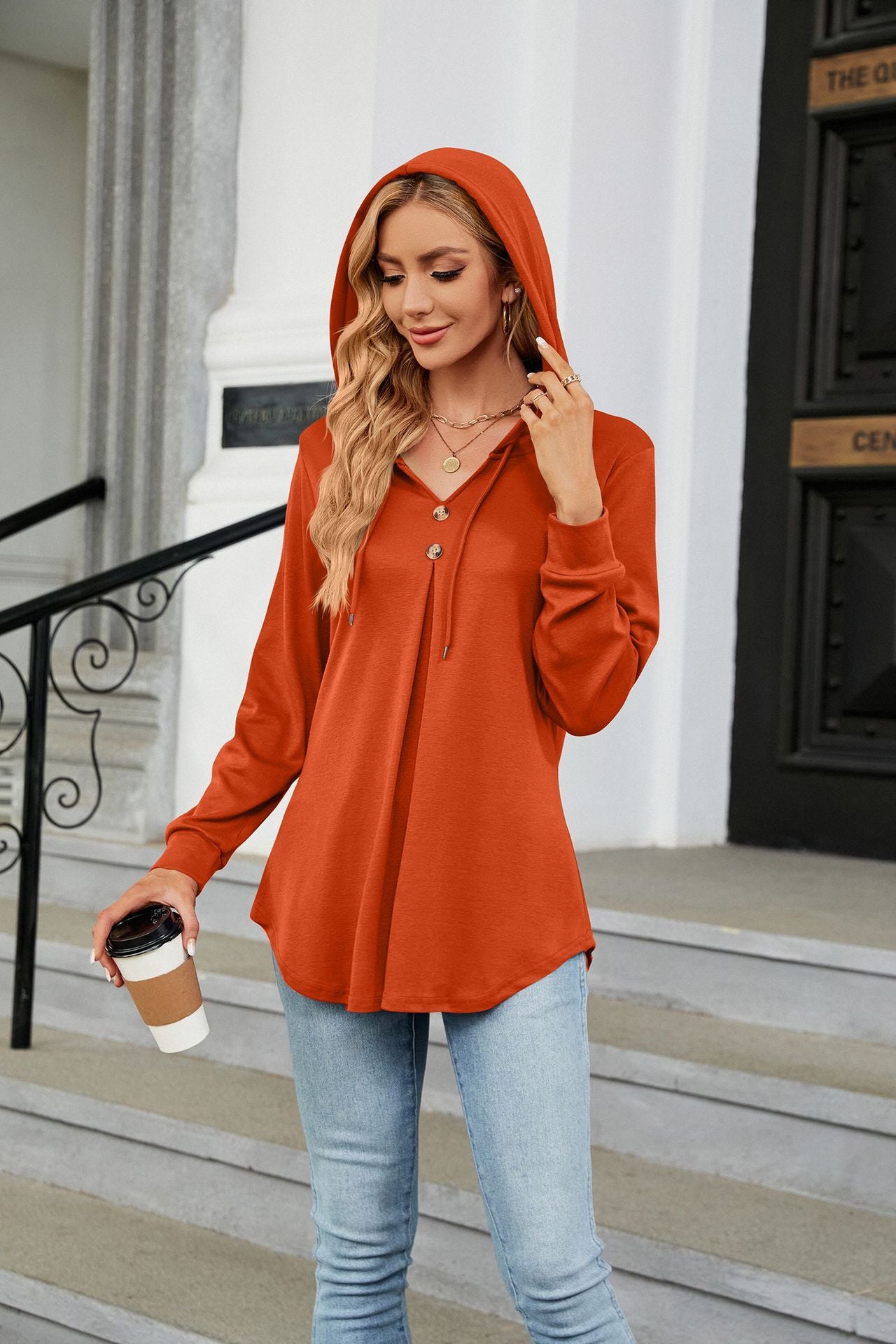 Autumn Winter Solid Color V neck Button Hooded Loose Long Sleeves Sweatshirt Women
