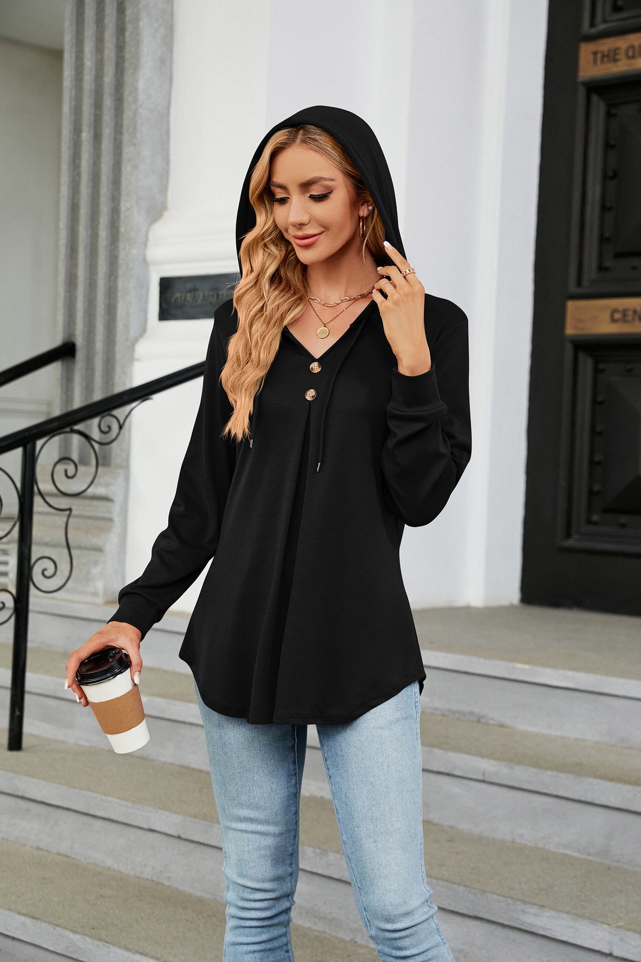 Autumn Winter Solid Color V neck Button Hooded Loose Long Sleeves Sweatshirt Women