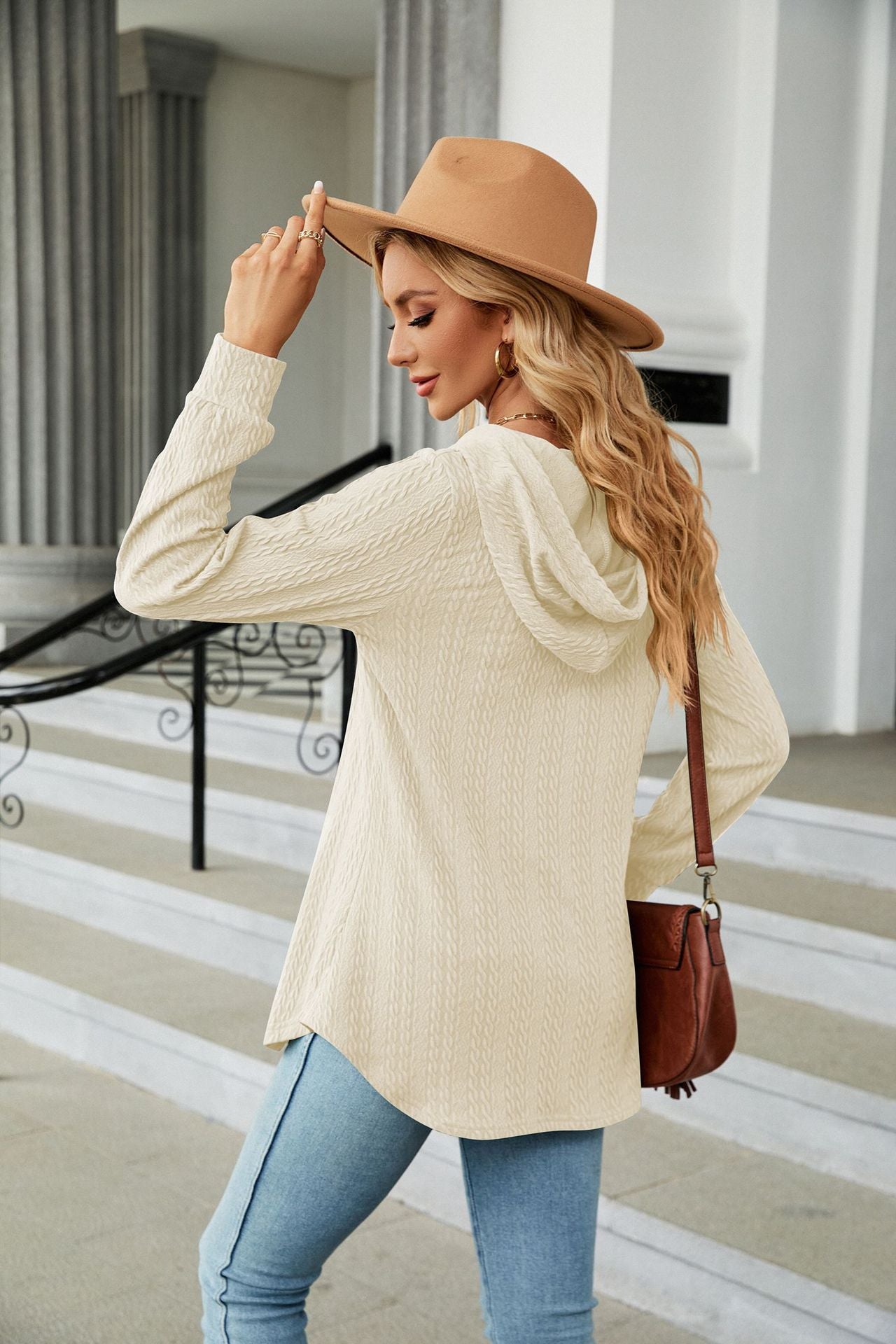 Autumn Winter V neck Loose Long Sleeve Hooded Sweatshirt Women Clothing Coat Women
