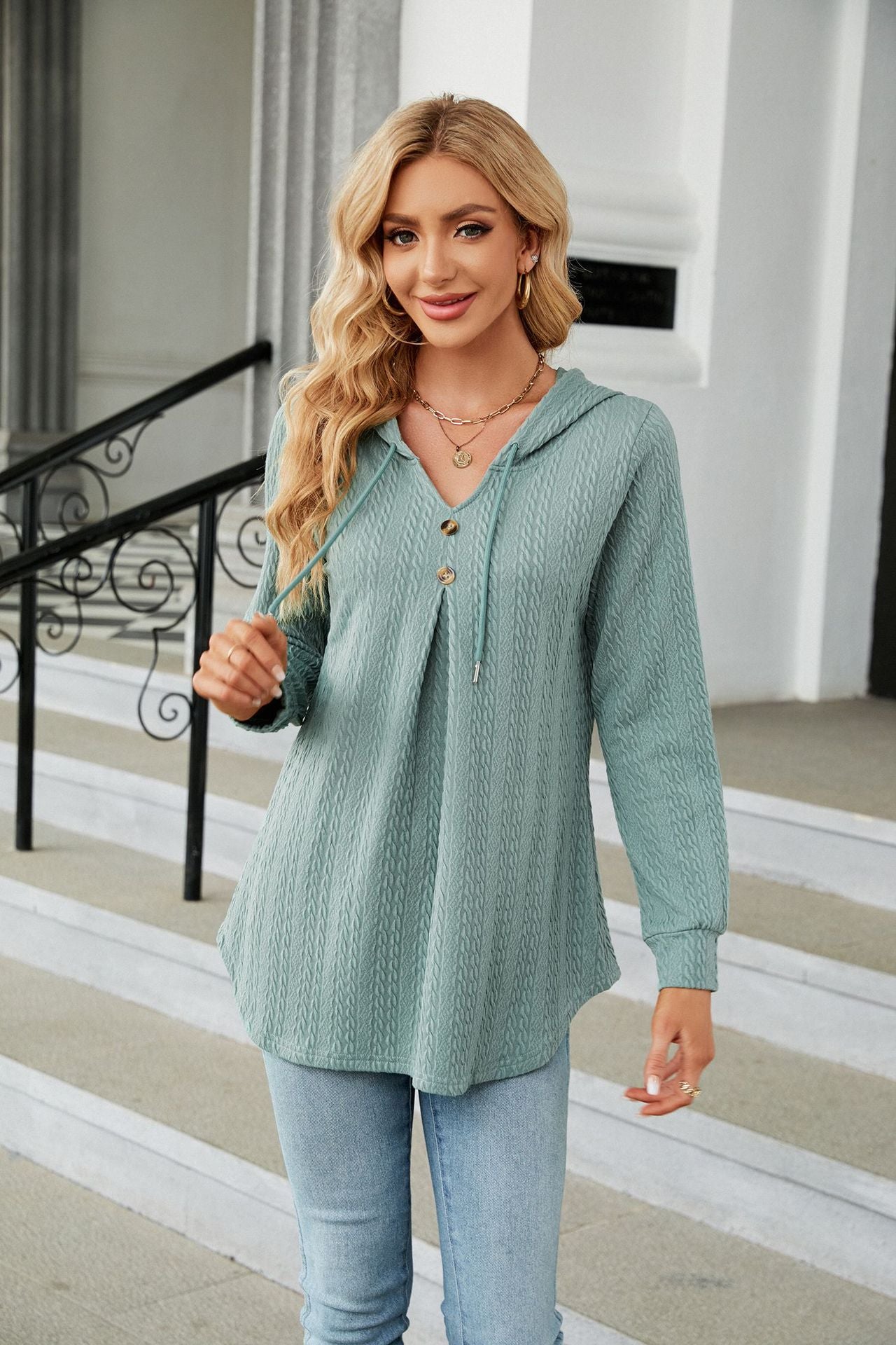 Autumn Winter V neck Loose Long Sleeve Hooded Sweatshirt Women Clothing Coat Women
