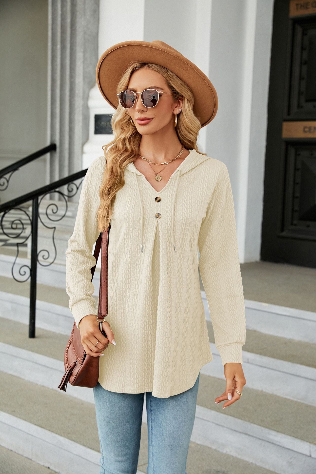 Autumn Winter V neck Loose Long Sleeve Hooded Sweatshirt Women Clothing Coat Women