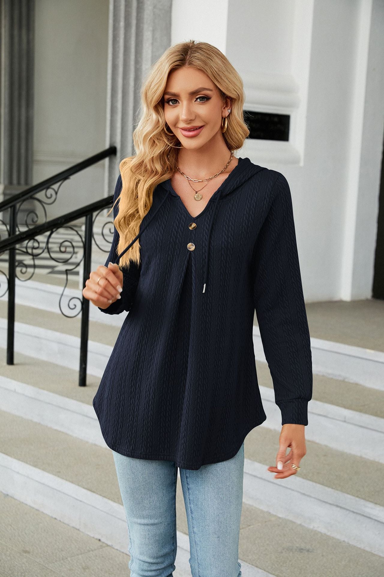 Autumn Winter V neck Loose Long Sleeve Hooded Sweatshirt Women Clothing Coat Women