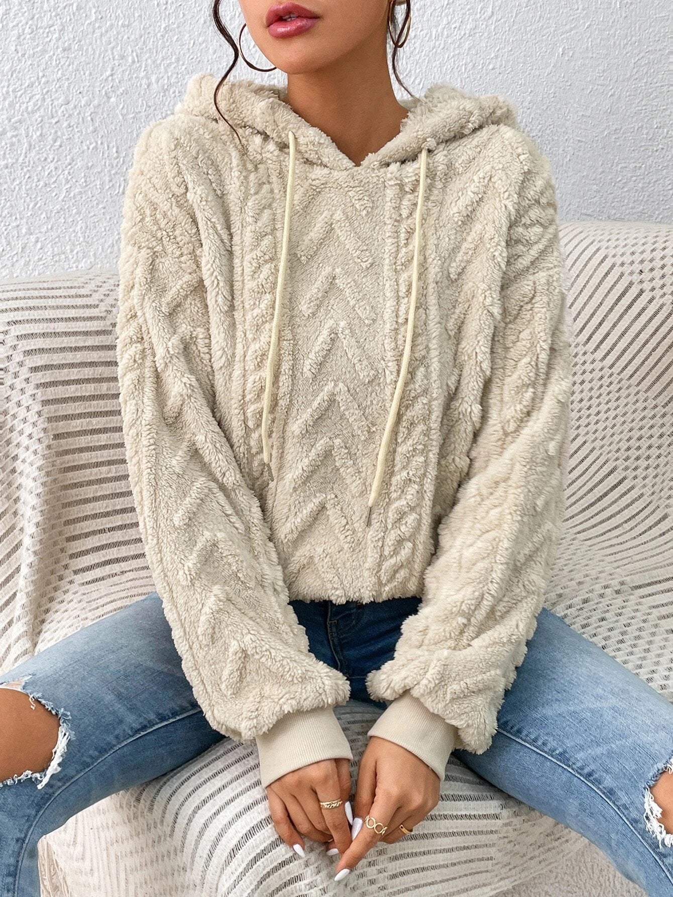Fall Winter Women Pullover Sweatshirt Flannel Hooded Loose Plush Jacket