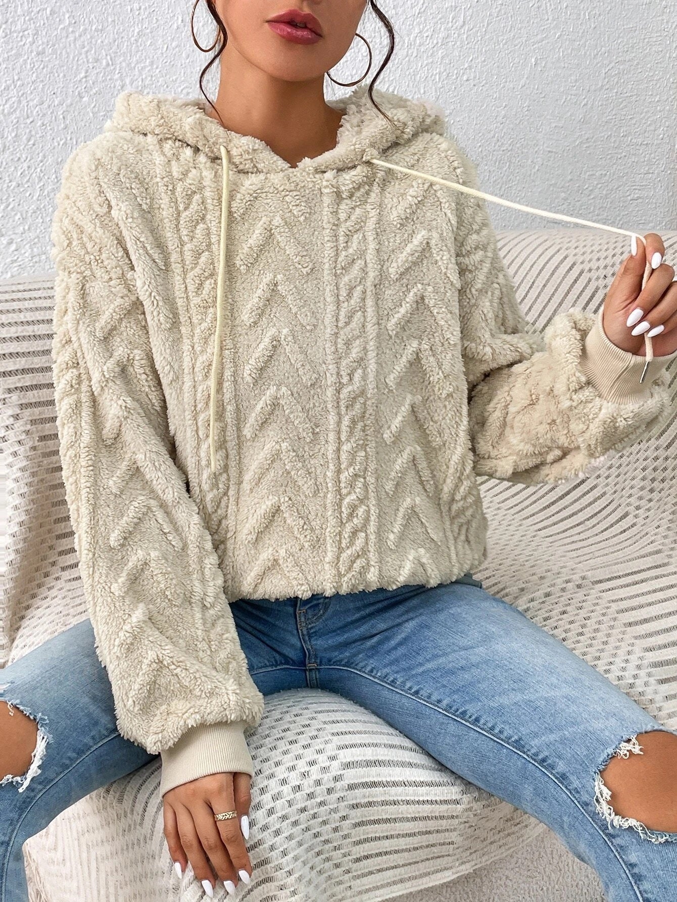 Fall Winter Women Pullover Sweatshirt Flannel Hooded Loose Plush Jacket