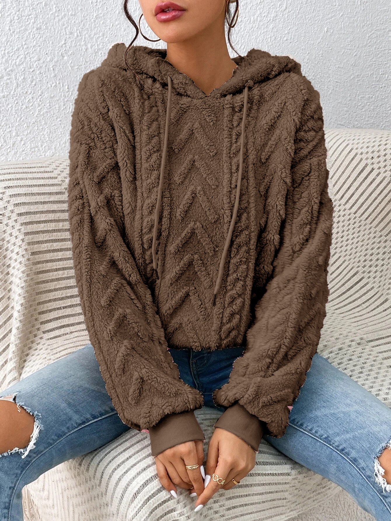 Fall Winter Women Pullover Sweatshirt Flannel Hooded Loose Plush Jacket