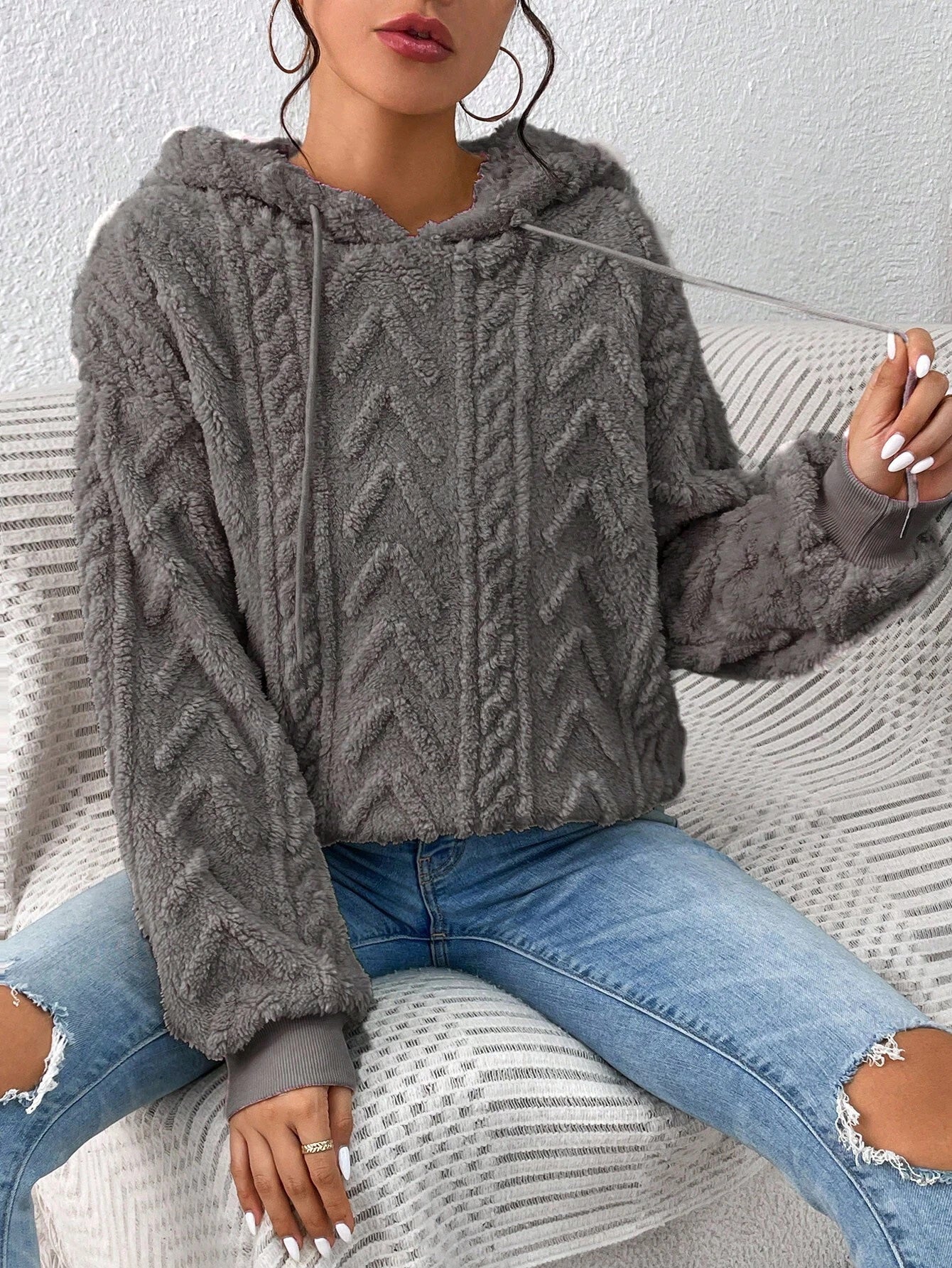 Fall Winter Women Pullover Sweatshirt Flannel Hooded Loose Plush Jacket