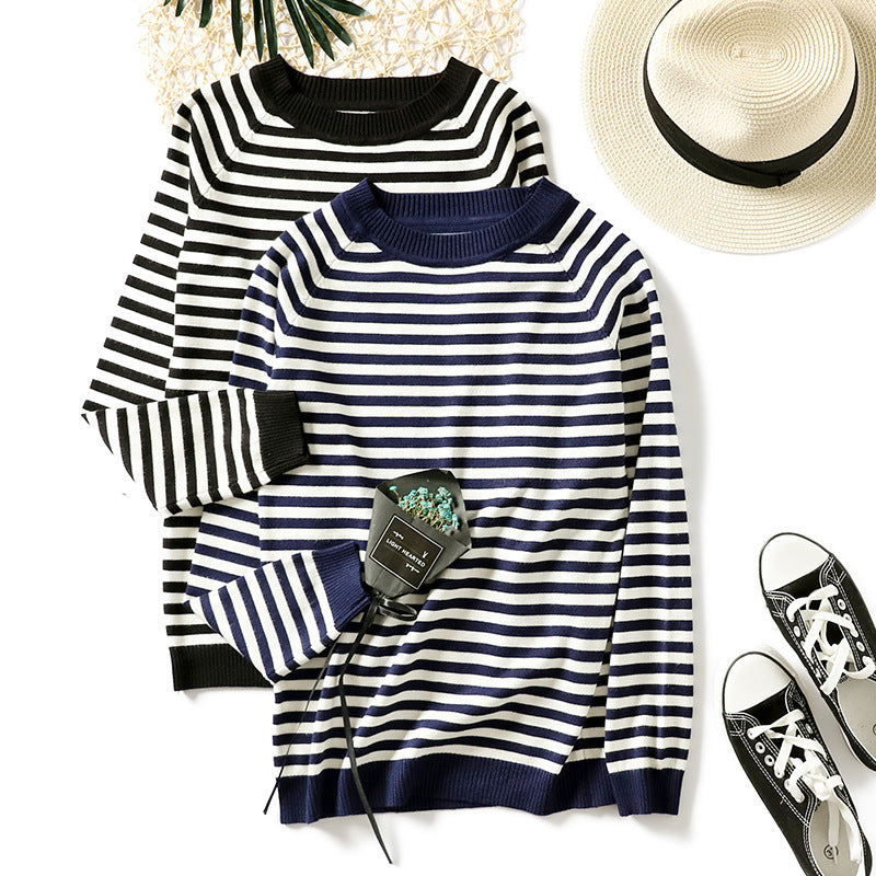 Autumn Winter Women Clothing Korean Simple Slim Fit Long Sleeved Knitted Sweater Women Round Neck Black White Striped Pullover