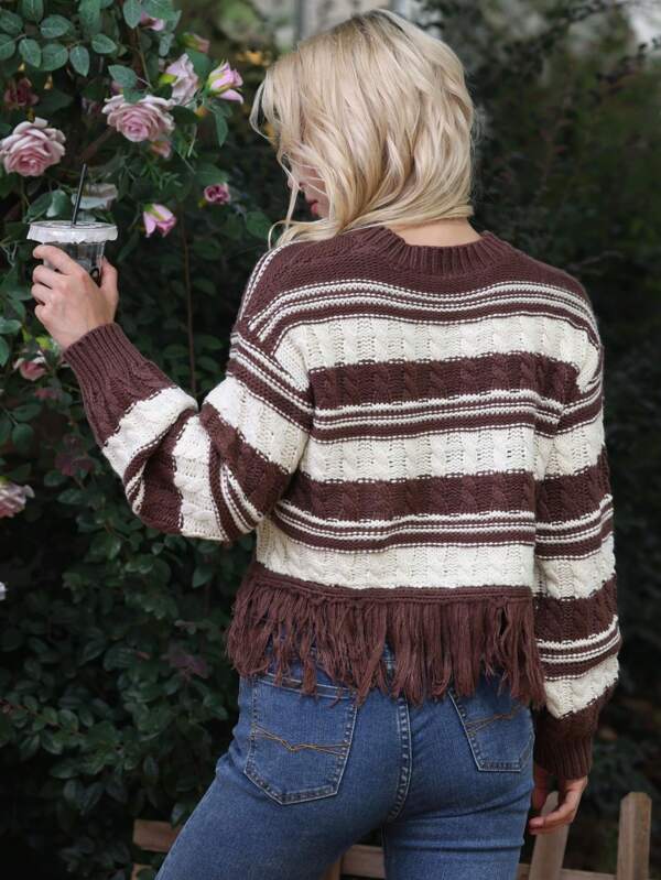 Women New Autumn and Winter Patchwork Tassel Sweater
