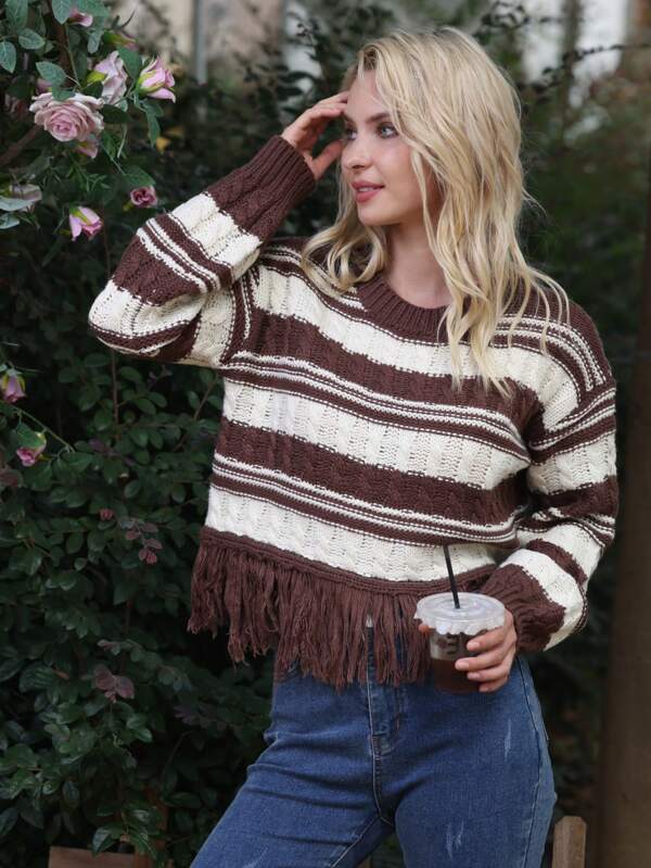 Women New Autumn and Winter Patchwork Tassel Sweater