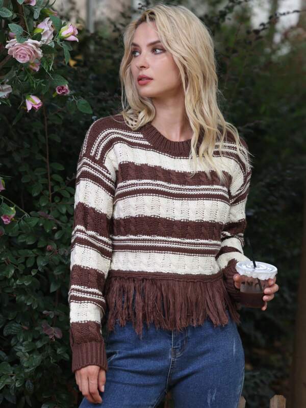 Women New Autumn and Winter Patchwork Tassel Sweater