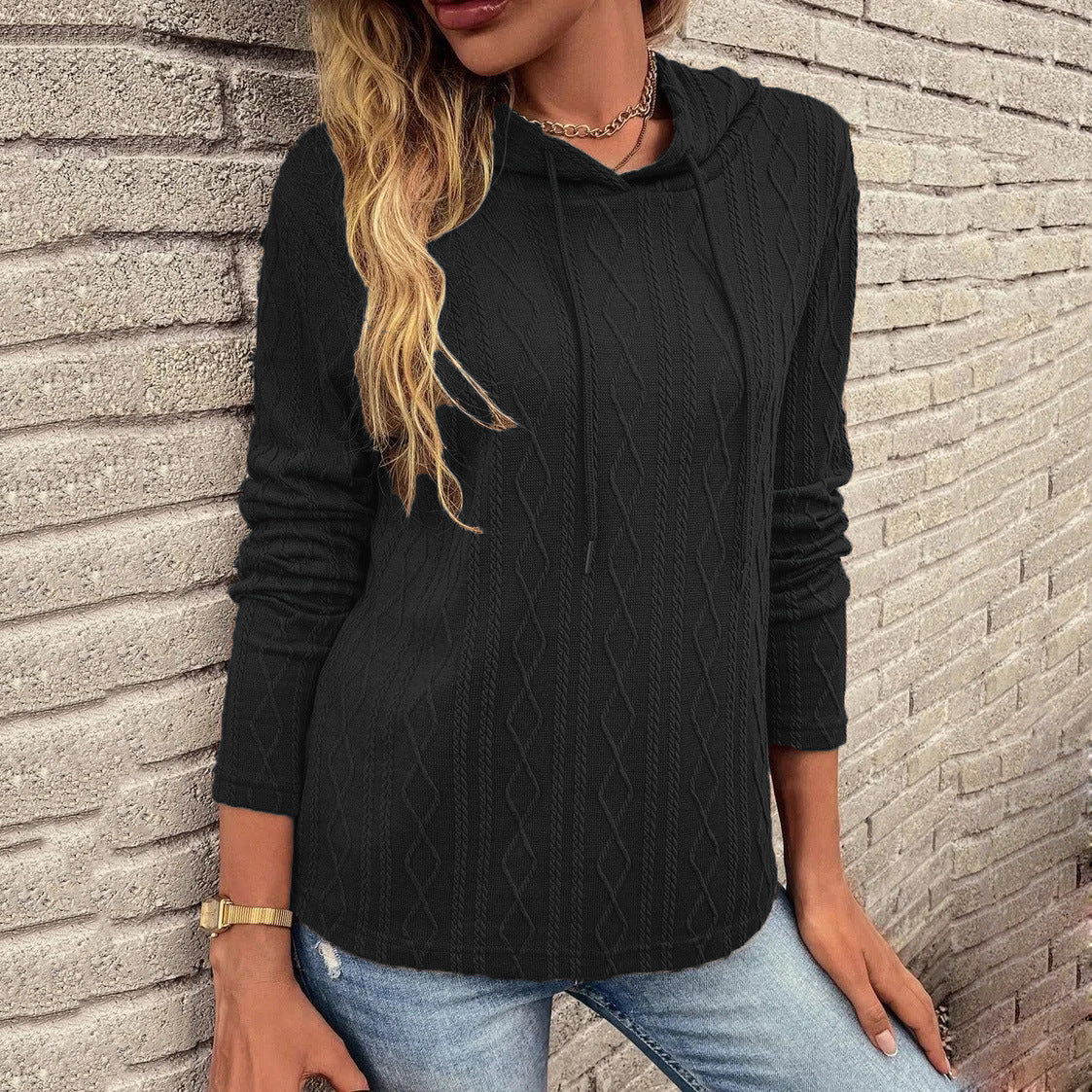 Women Solid Color Long Sleeve Hooded Pullover Sweat