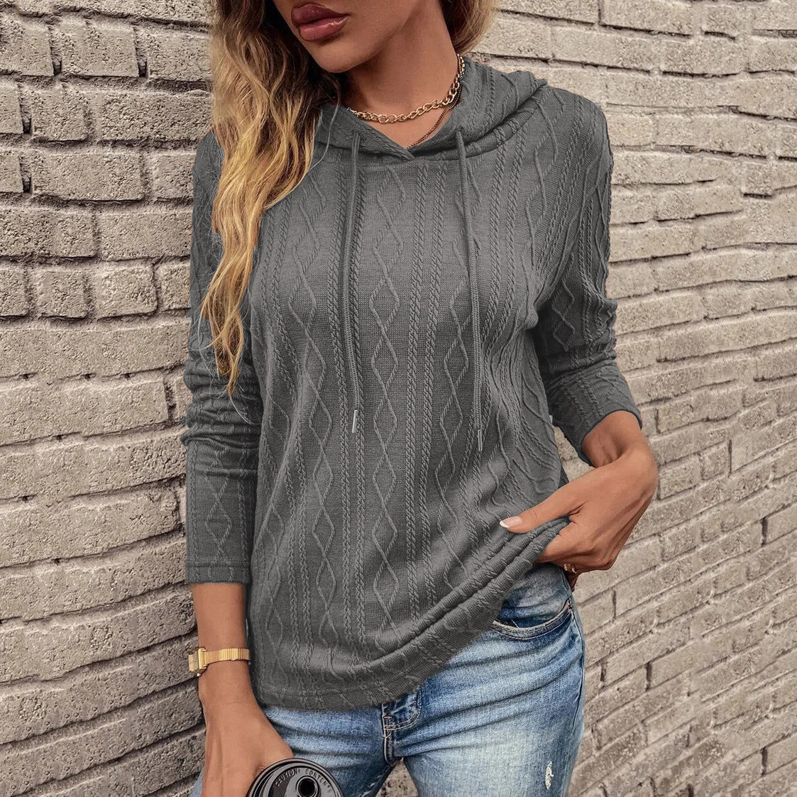 Women Solid Color Long Sleeve Hooded Pullover Sweat