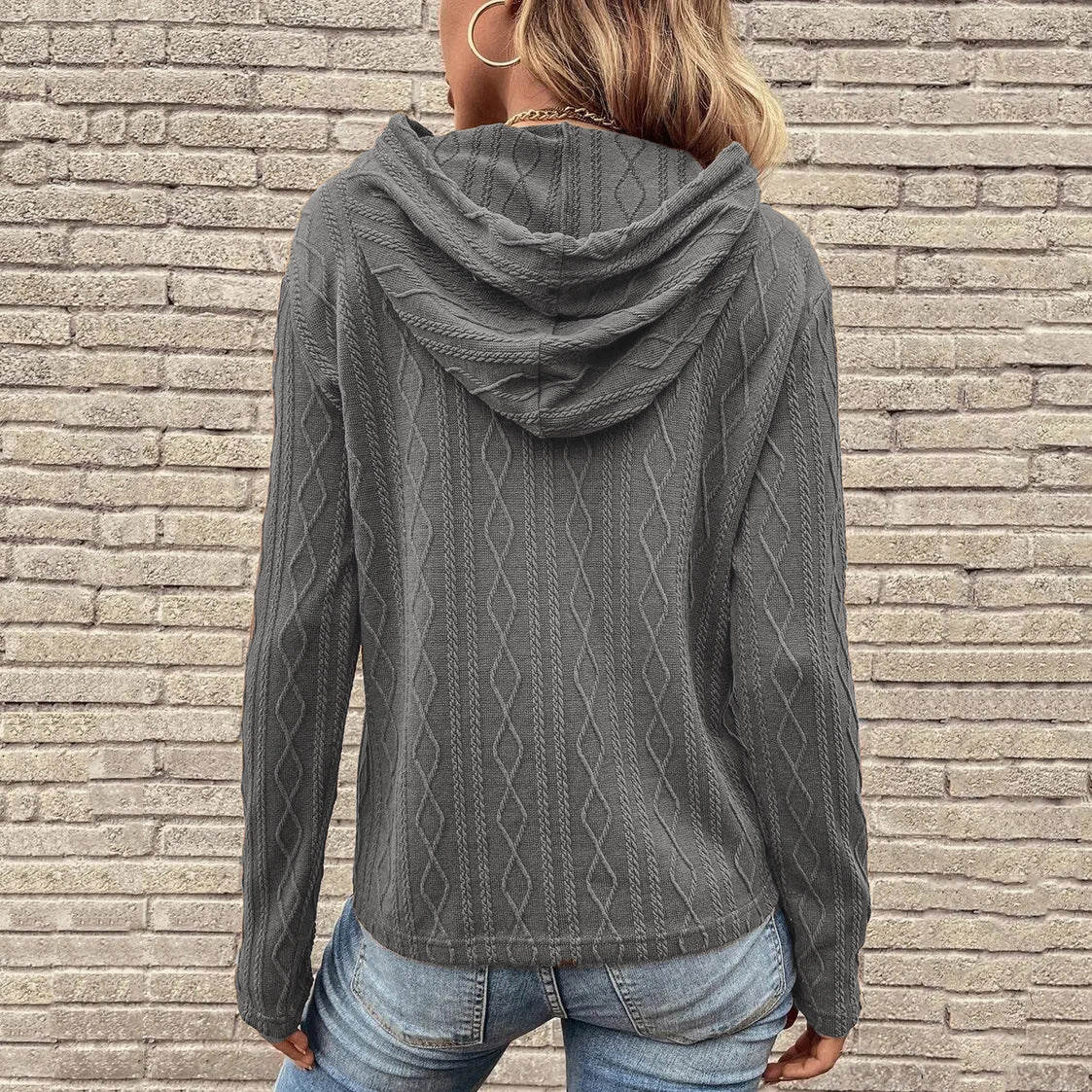 Women Solid Color Long Sleeve Hooded Pullover Sweat