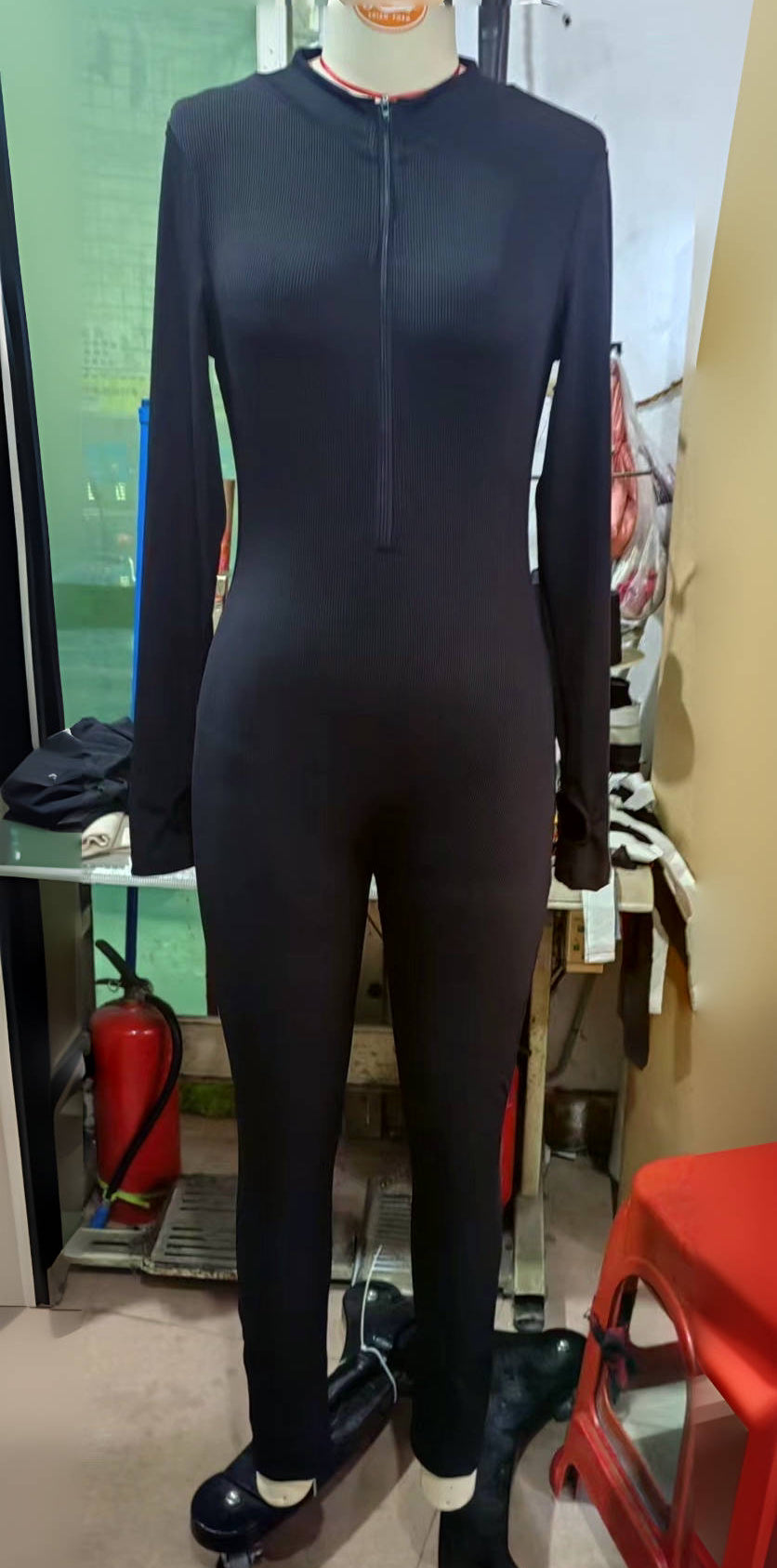 Women Sports Jumpsuit Workout Ribbed Long Sleeve Zipper Casual Jumpsuit Trousers Tight