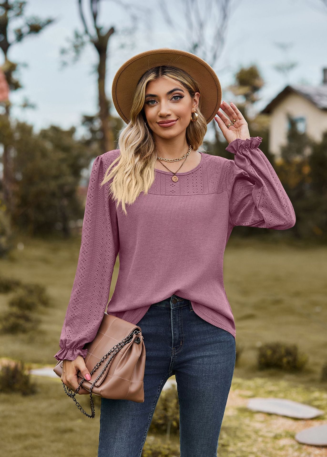 20Autumn Winter Patchwork round Neck Loose Long Sleeves Casual T shirt Top for Women