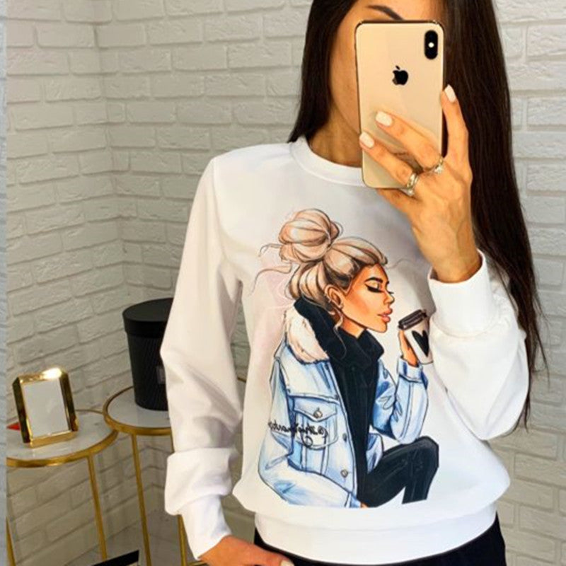 Women Clothing Autumn Winter Top Character Floral Print Long Sleeve Pullover Set