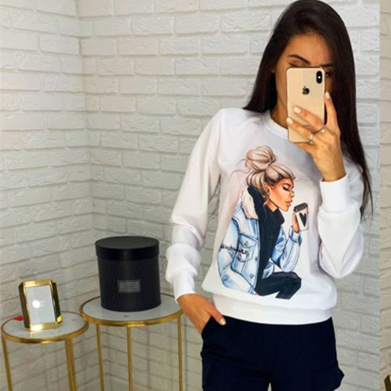 Women Clothing Autumn Winter Top Character Floral Print Long Sleeve Pullover Set