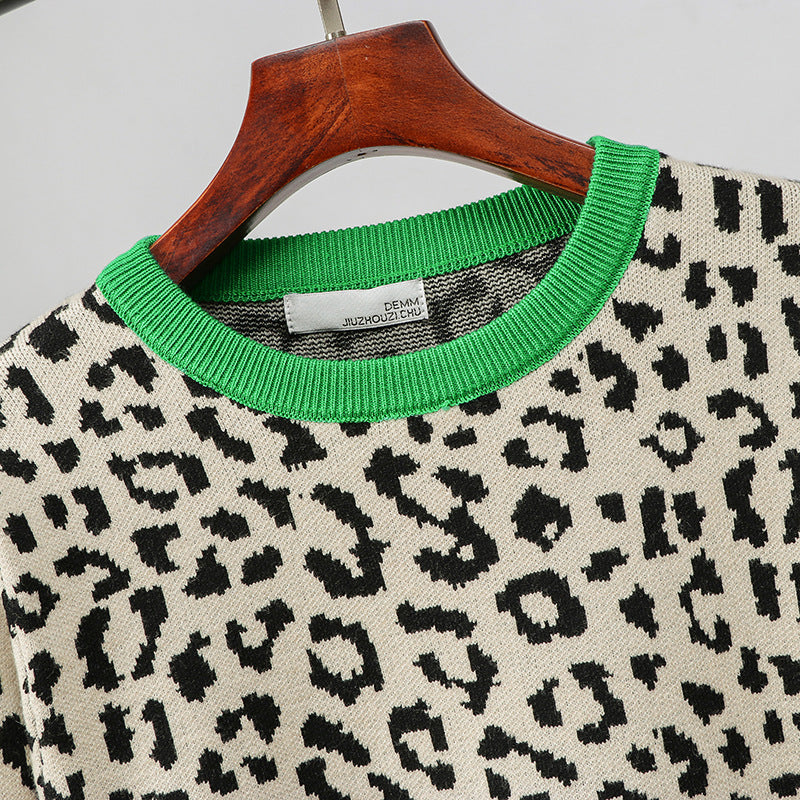 Women Clothing Autumn Winter Thick Women Pullover Leopard Jacquard Contrast Color Loose Bottoming Women Sweater