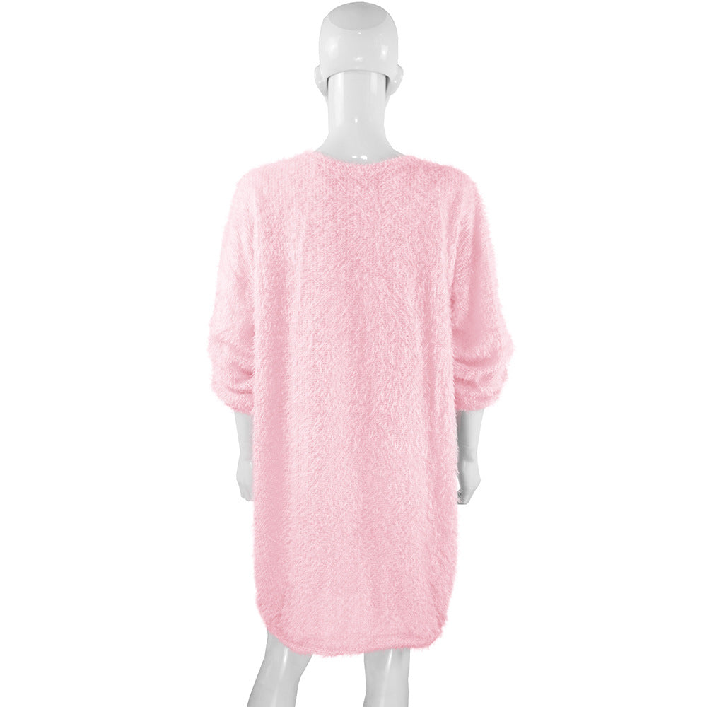 Autumn Winter Women Clothes Mid Length Long Sleeve Round Neck Loose Plush Dress