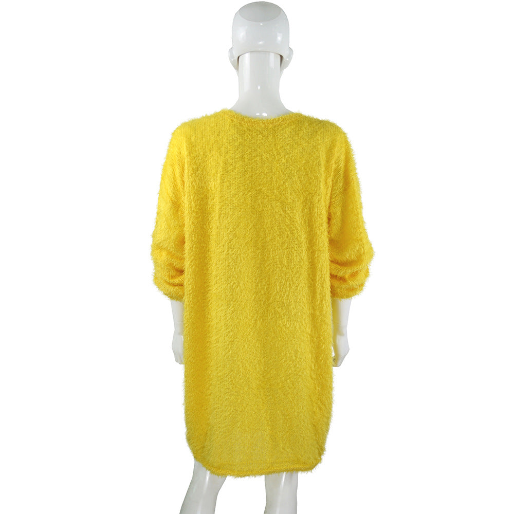 Autumn Winter Women Clothes Mid Length Long Sleeve Round Neck Loose Plush Dress