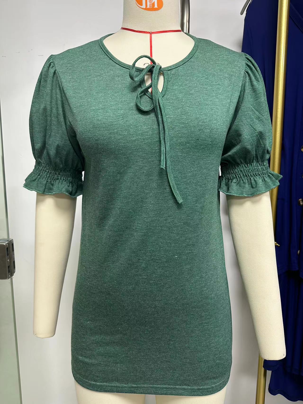 Spring Summer Solid Color V neck Lace up Cuff Pleated Loose Short Sleeve T shirt