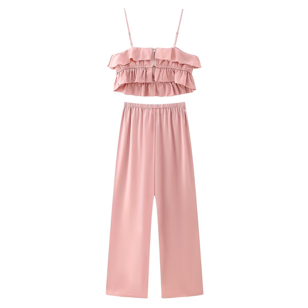 Women Clothing French Slim Satin Ruffled Spaghetti Straps Top Trousers Suit