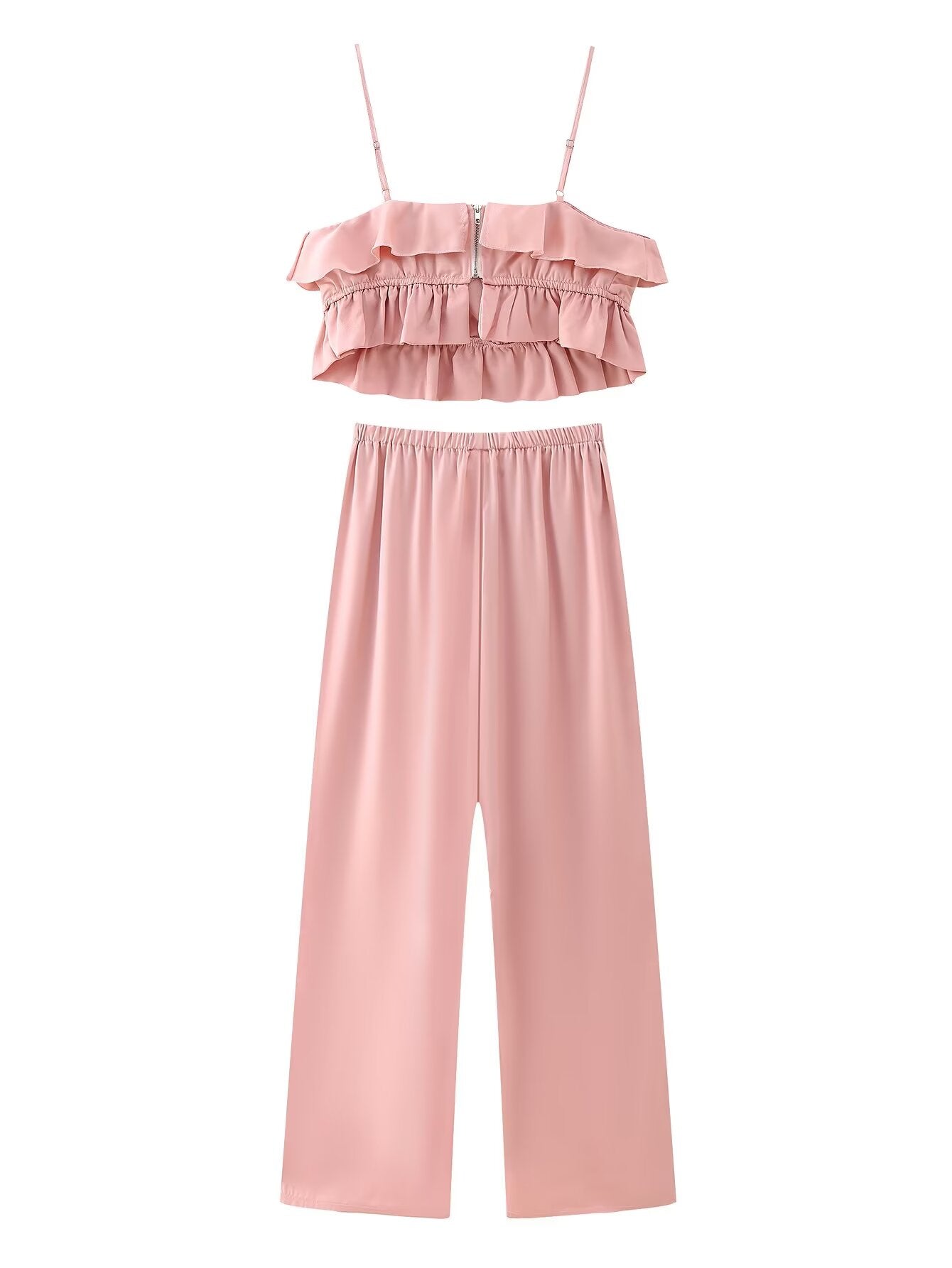 Women Clothing French Slim Satin Ruffled Spaghetti Straps Top Trousers Suit