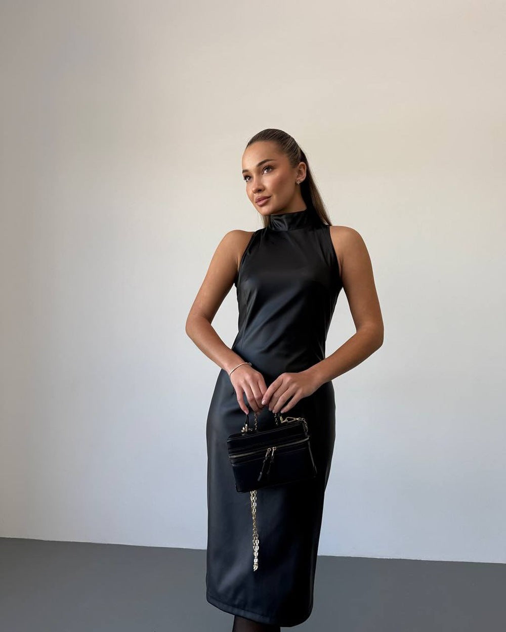 Women Clothing Sleeveless Stand Collar Split Dress Slim Solid Color Faux Leather Dress