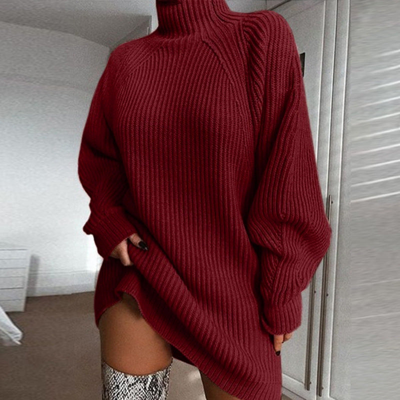 202020 Autumn Winter Popular Knitwear Mid-Length Raglan Sleeve Mock Neck Sweater Dress