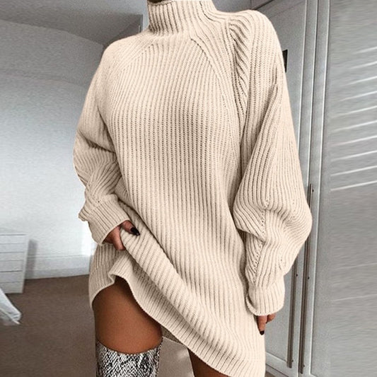 202020 Autumn Winter Popular Knitwear Mid-Length Raglan Sleeve Mock Neck Sweater Dress