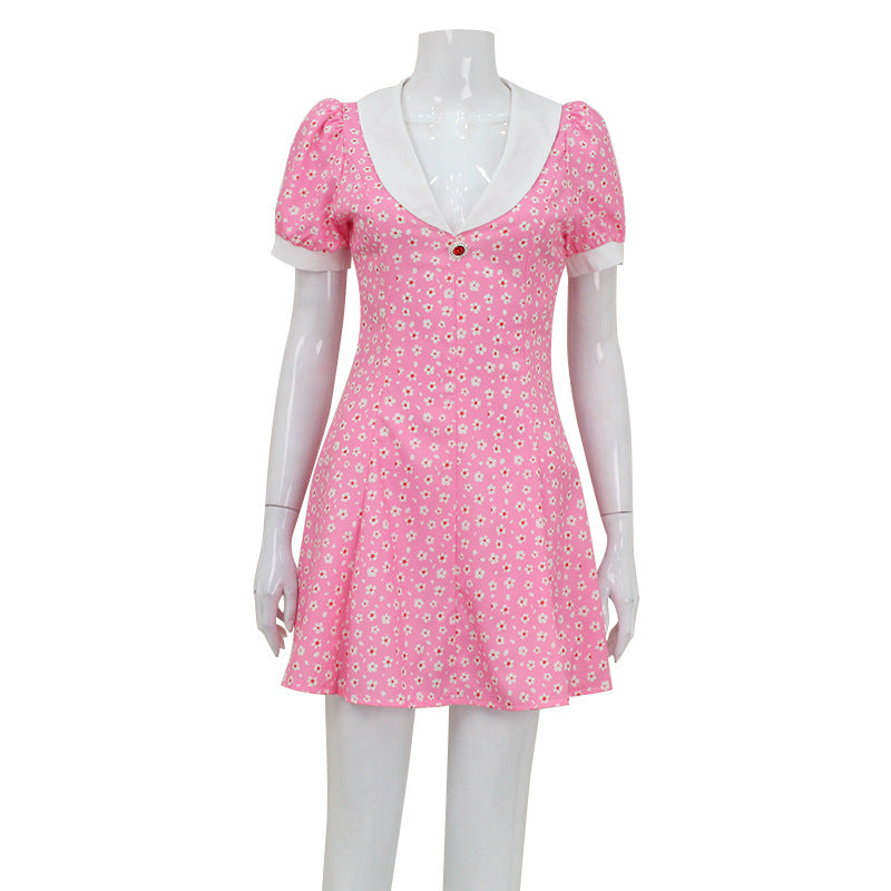 Summer French Vintage Polo Collar Puff Sleeve Fresh Sweet Floral Dress Short Women